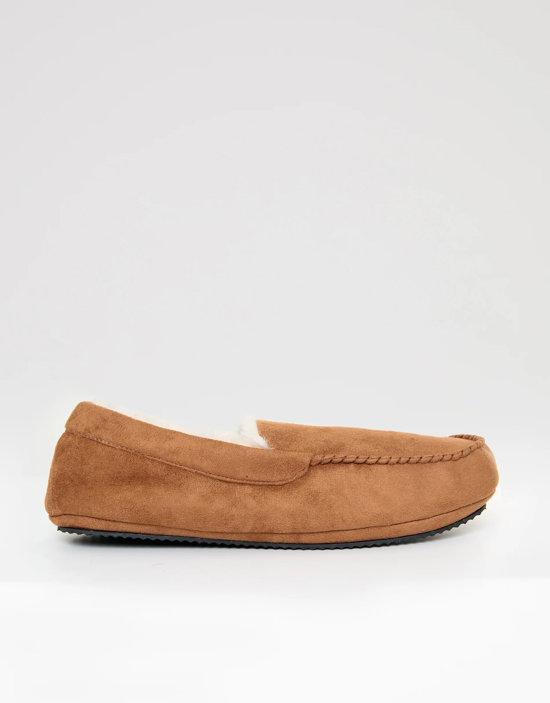 Faux Suede Faux Fur Lined Moccasin Slippers in Tan Brown