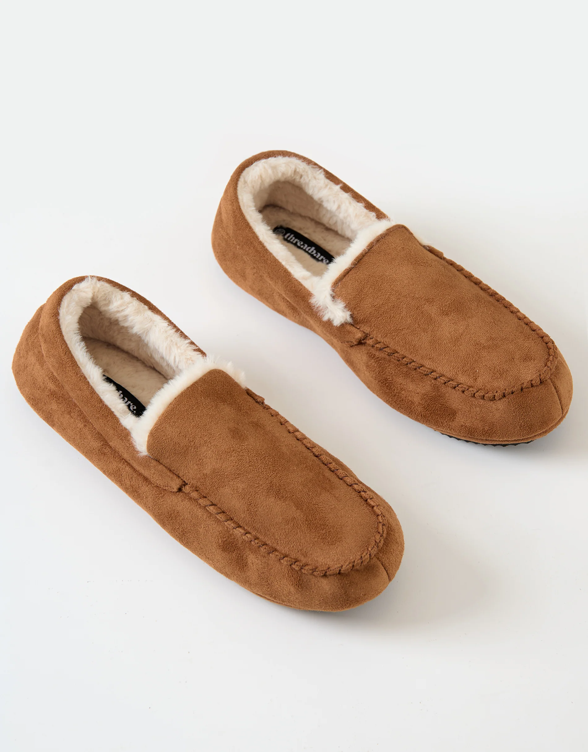Faux Suede Faux Fur Lined Moccasin Slippers in Tan Brown - Image 2
