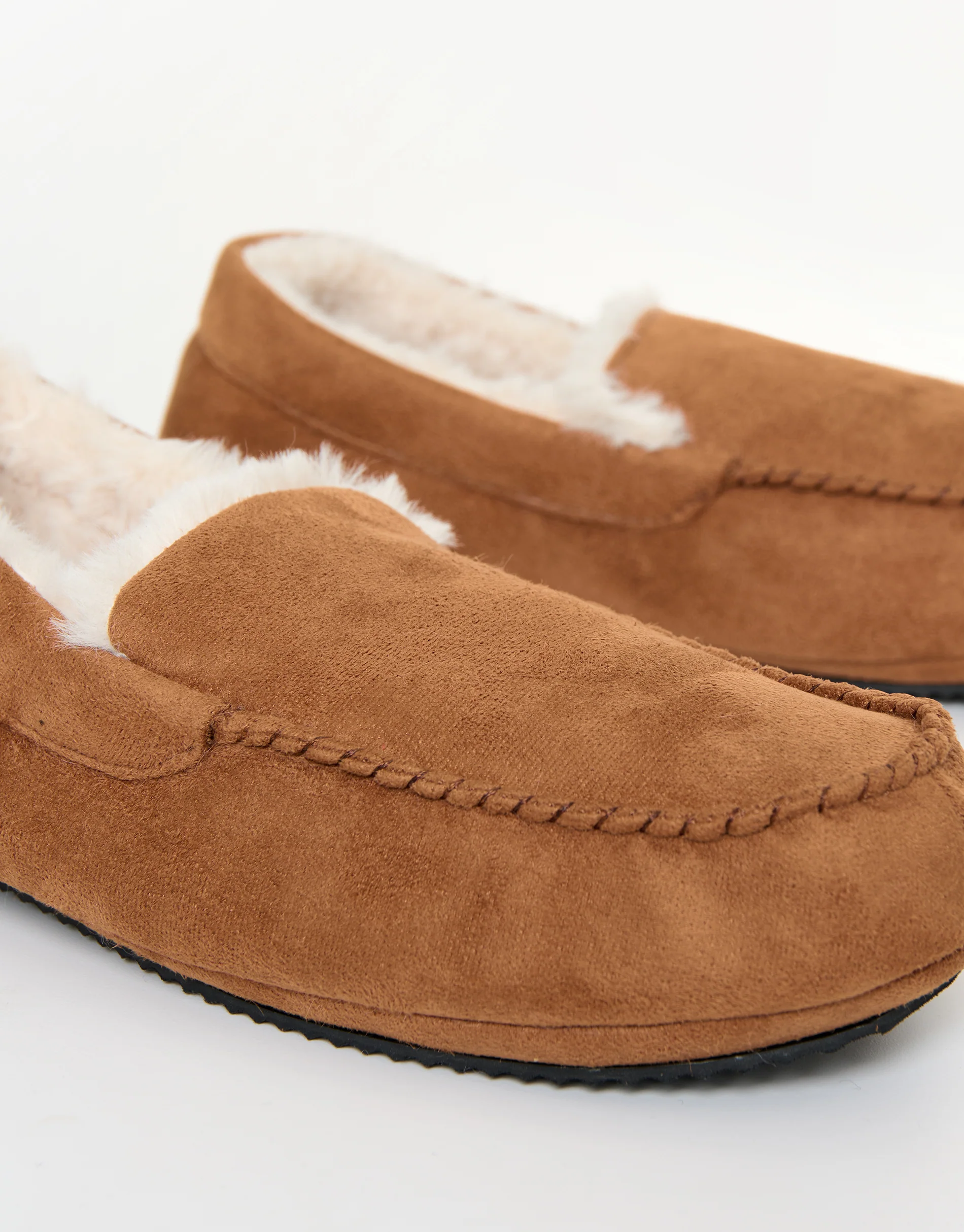 Faux Suede Faux Fur Lined Moccasin Slippers in Tan Brown - Image 3