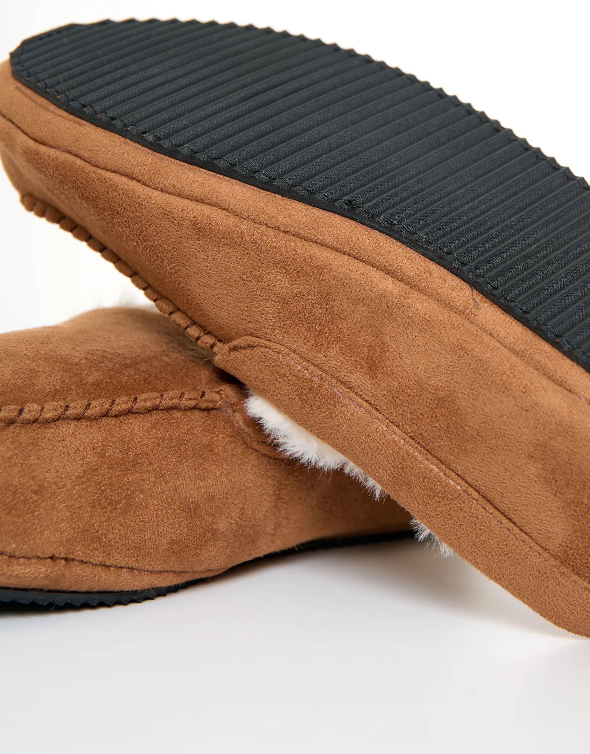 Faux Suede Faux Fur Lined Moccasin Slippers in Tan Brown - Image 5