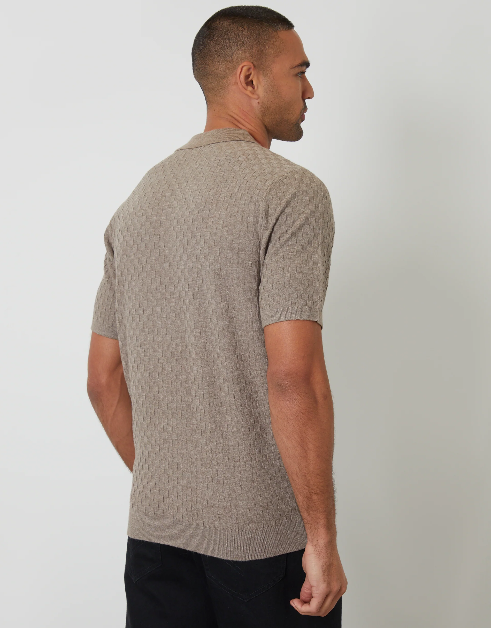 Basket Stitch Knitted Polo in Taupe - Image 2