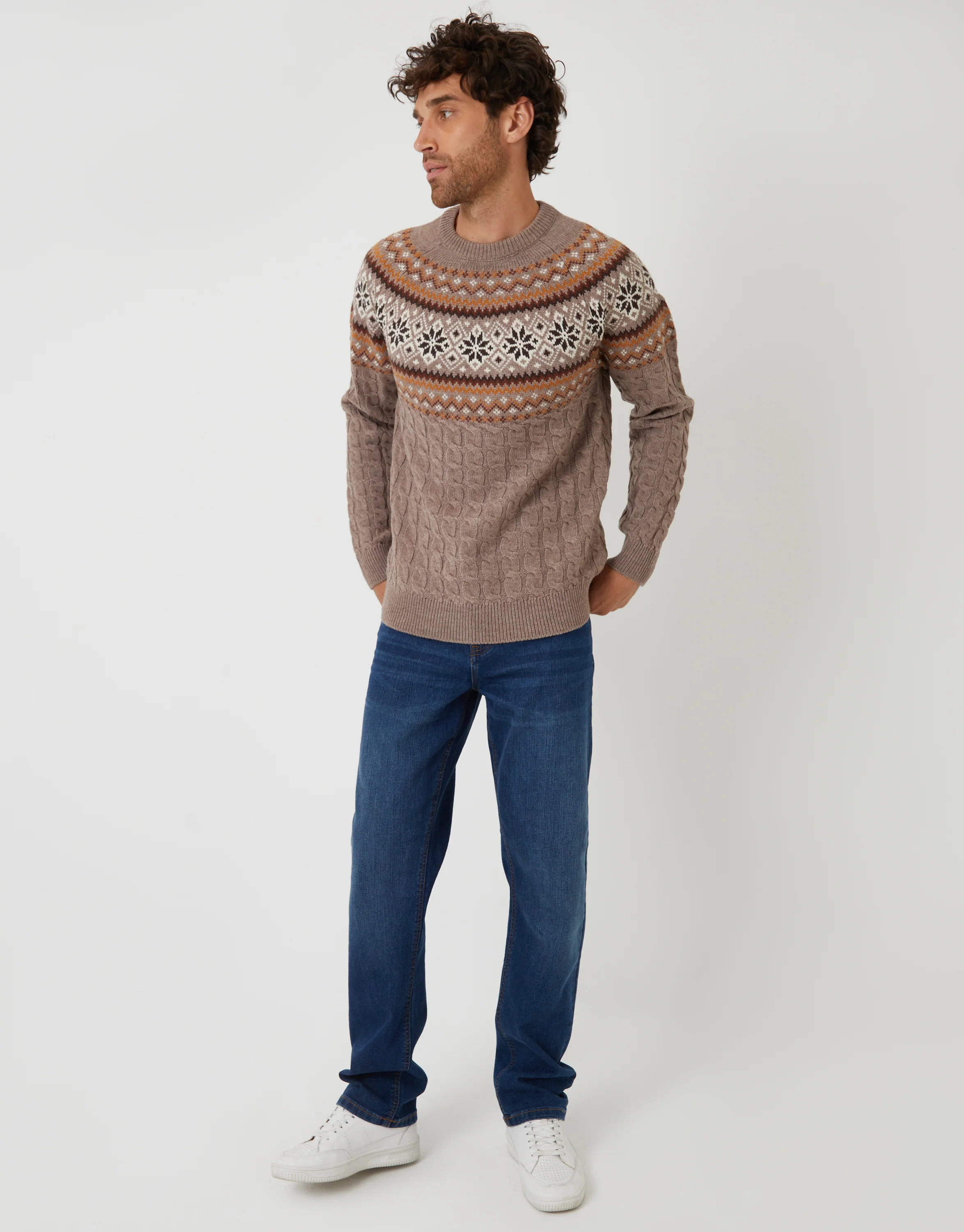 Cable Knit Fairisle Crew Neck Christmas Jumper in Taupe - Image 3