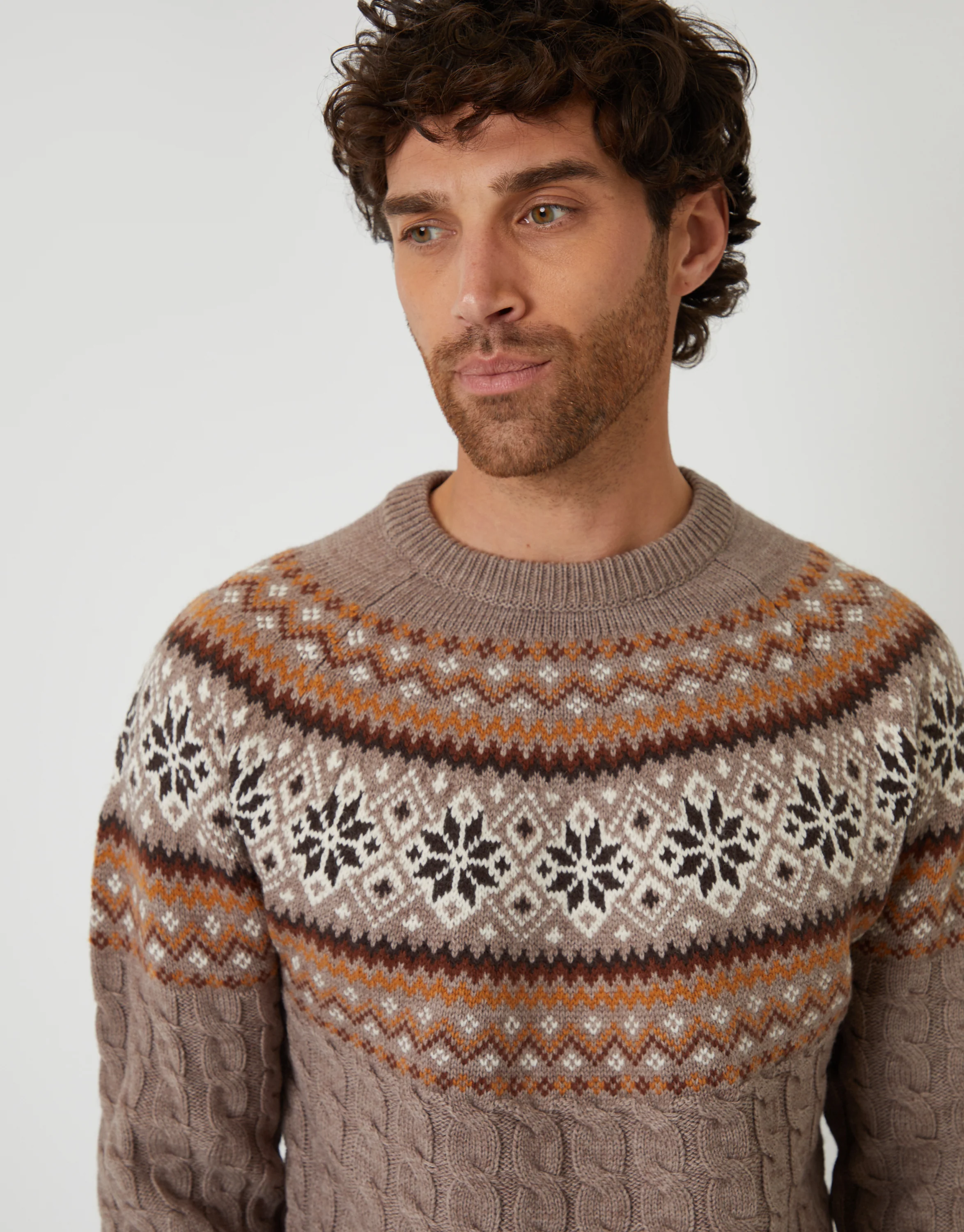 Cable Knit Fairisle Crew Neck Christmas Jumper in Taupe - Image 4