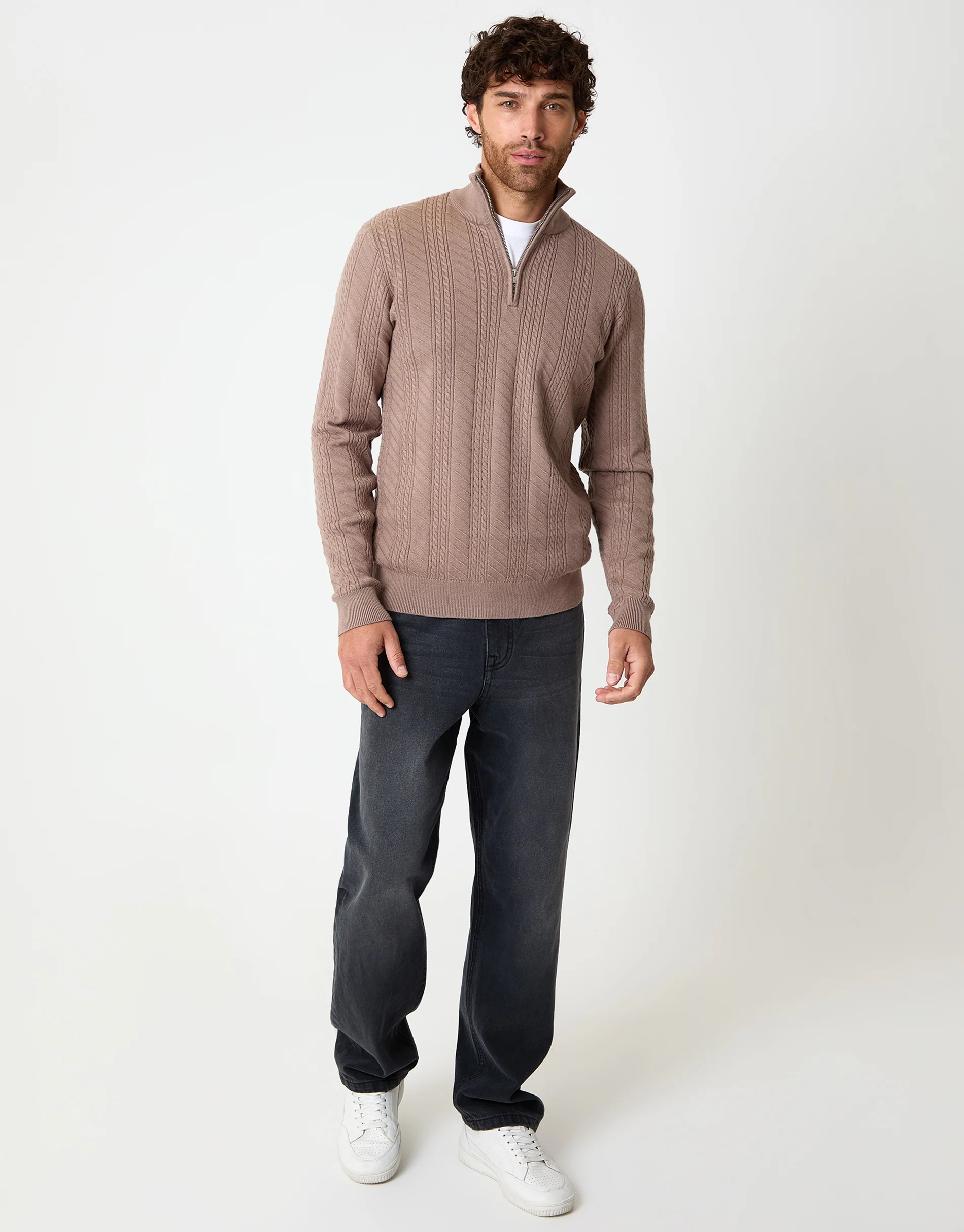 Cable Knit Quarter Zip Jumper in Taupe - Image 3