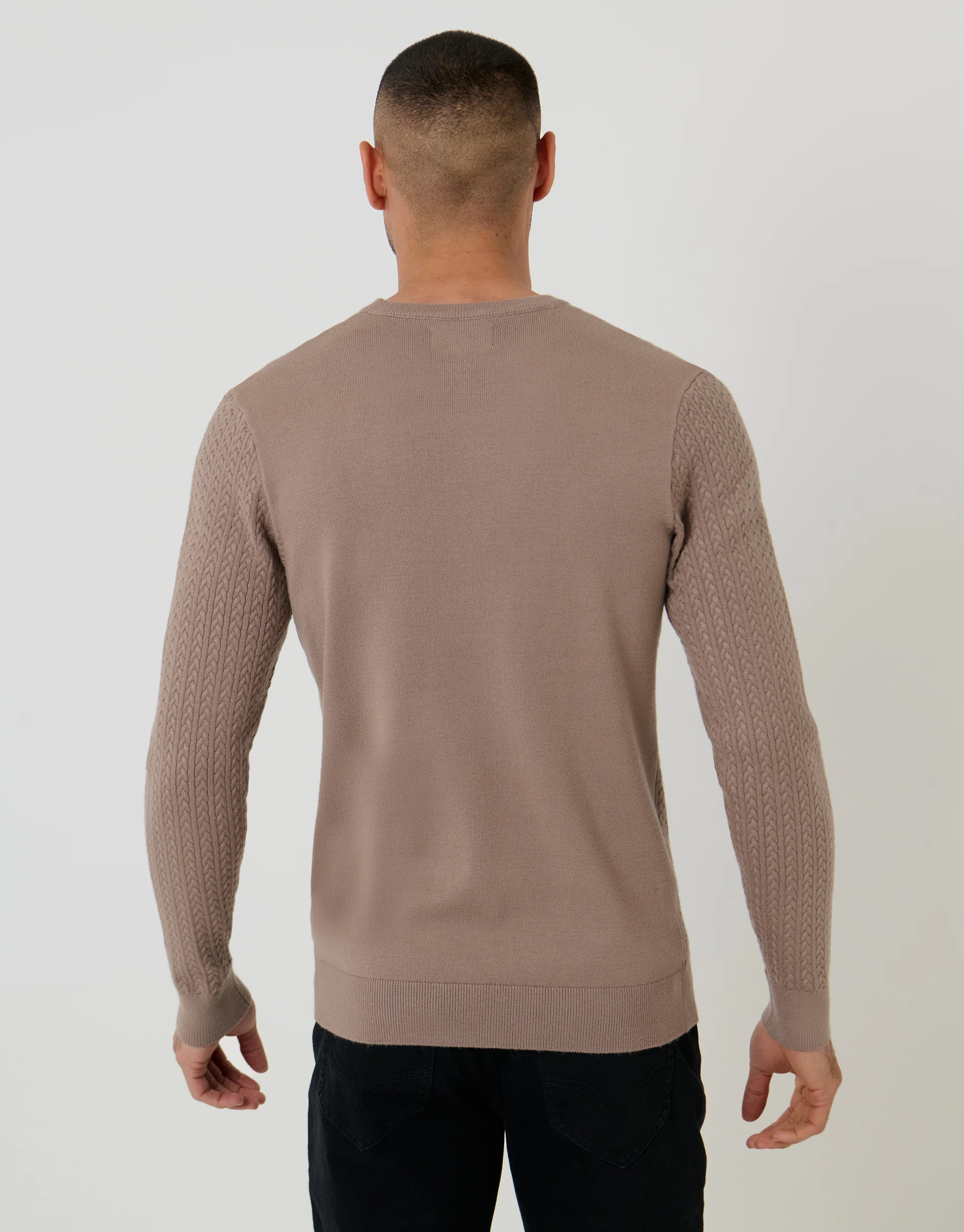 Cable Knit Rib Crew Neck Jumper in Taupe - Image 2