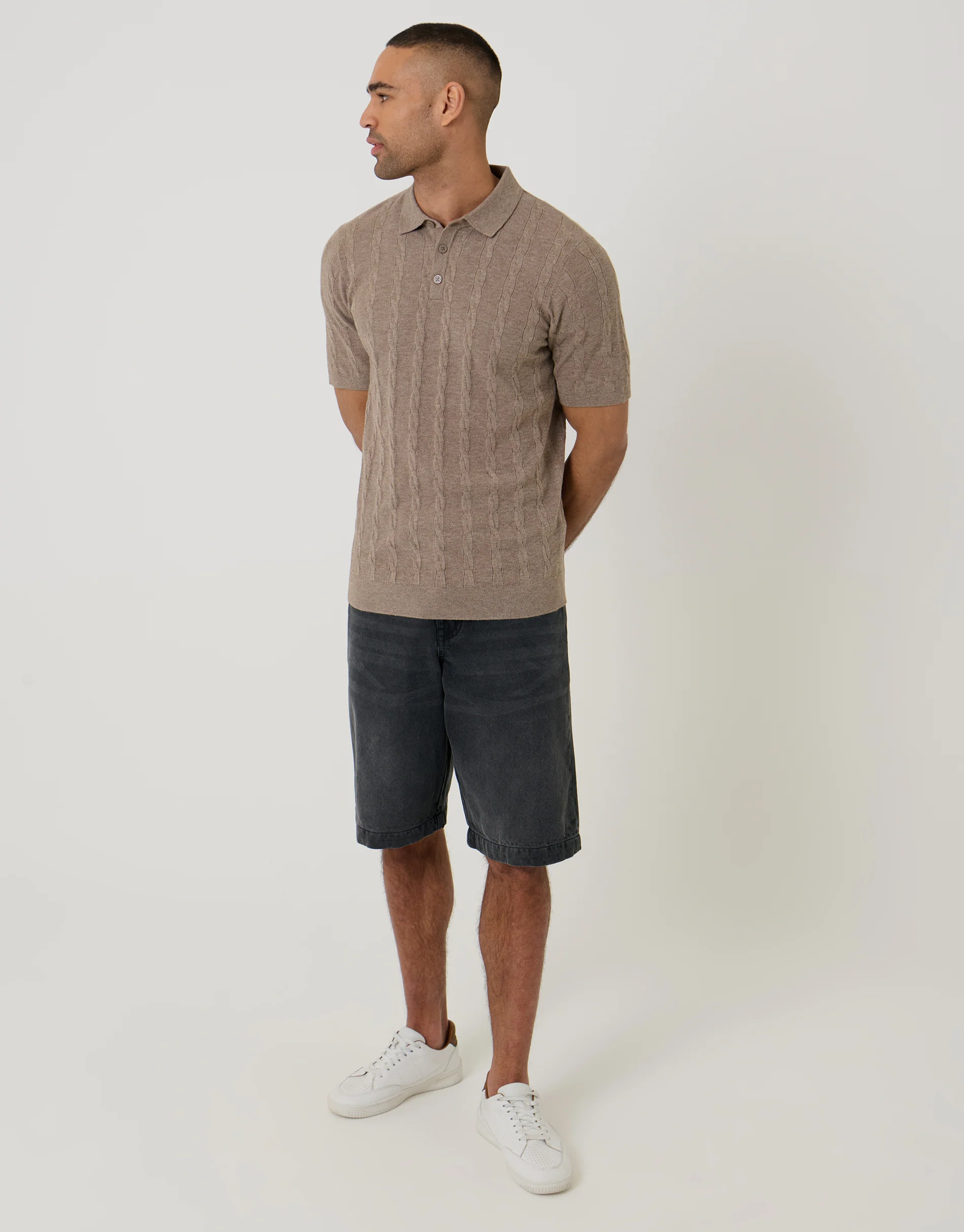 Cable Stripe Knitted Button Polo in Taupe - Image 3