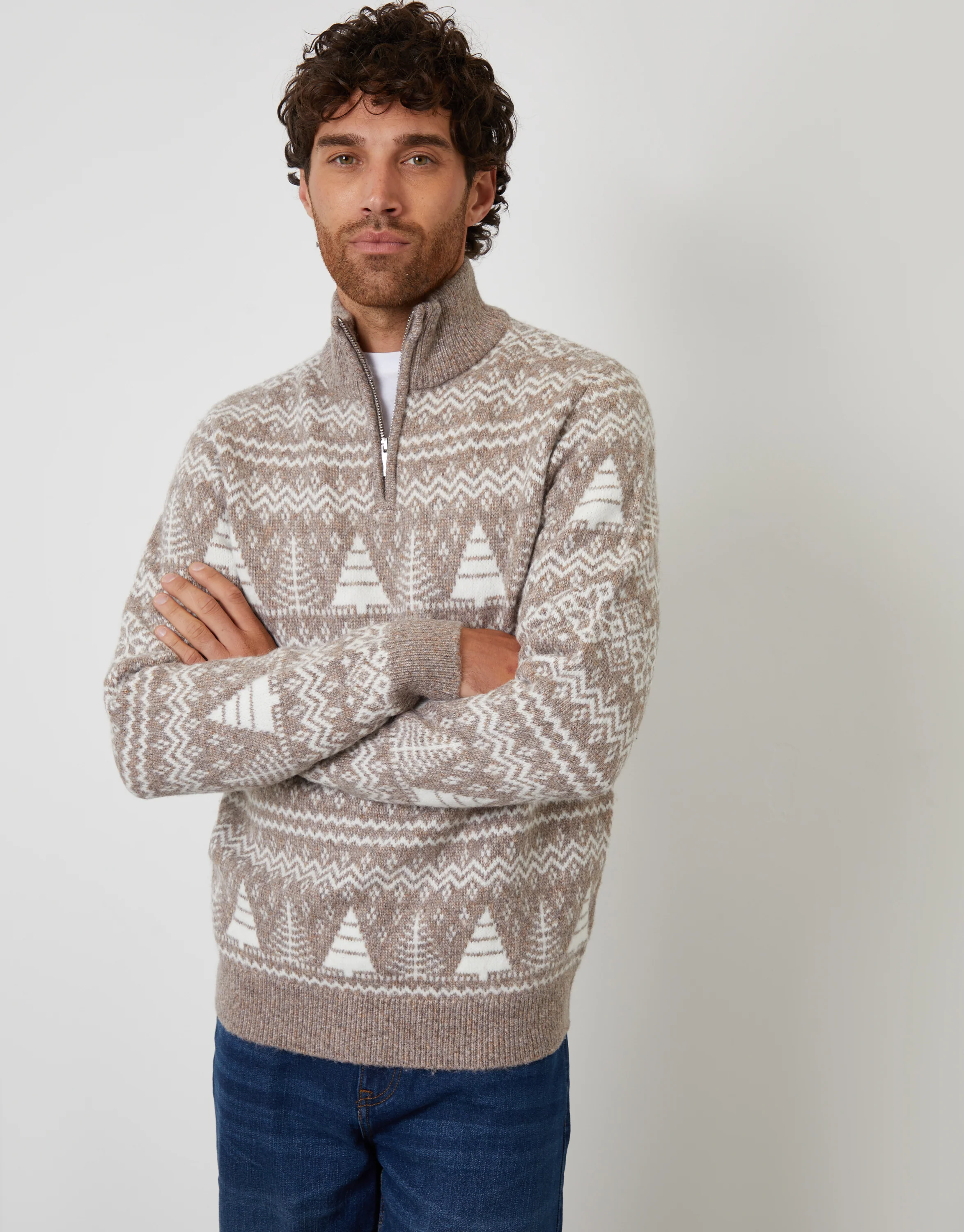 Fairisle Quarter Zip Jumper in Taupe - Image 2