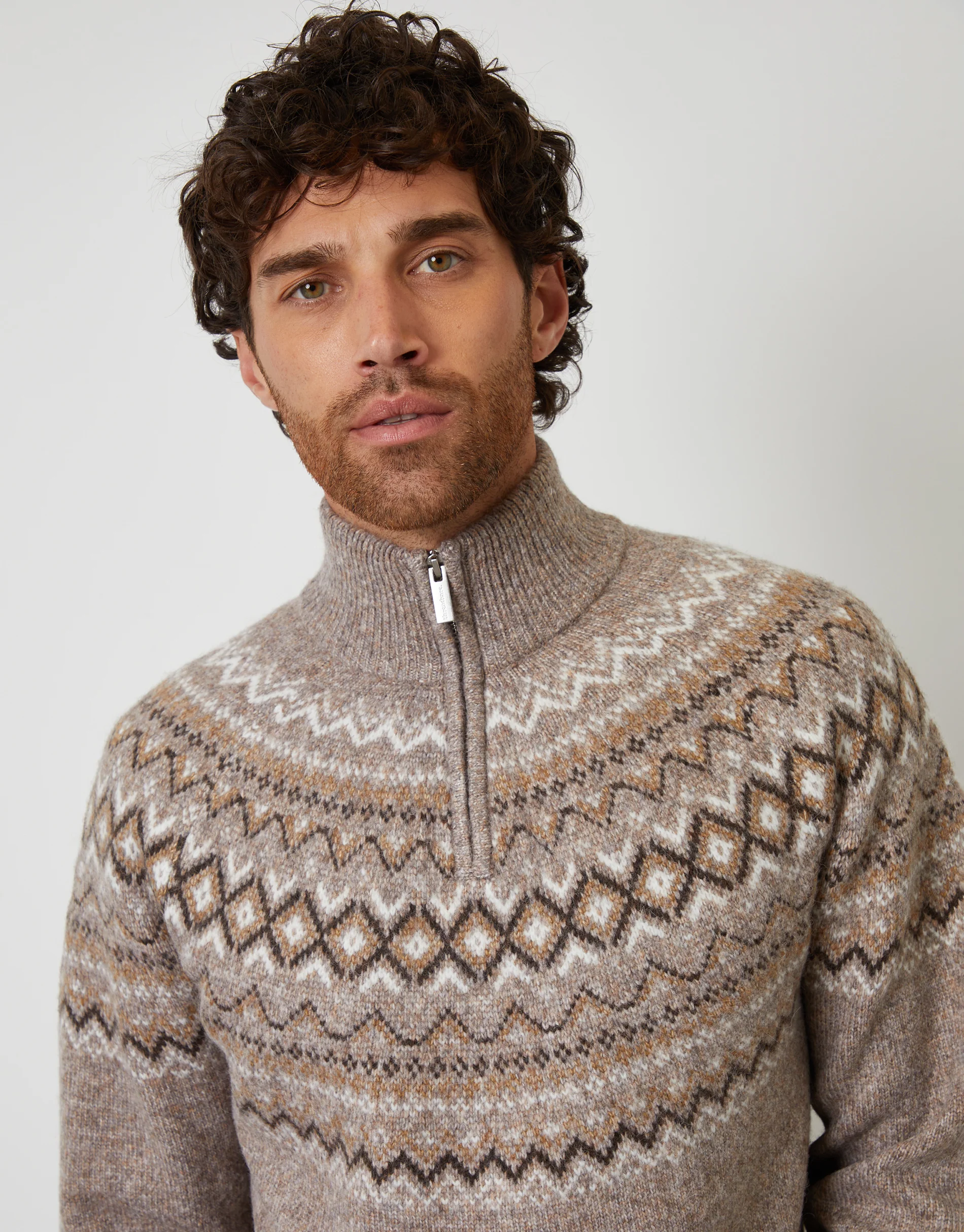 Fairisle Quarter Zip Knitted Jumper in Taupe - Image 5