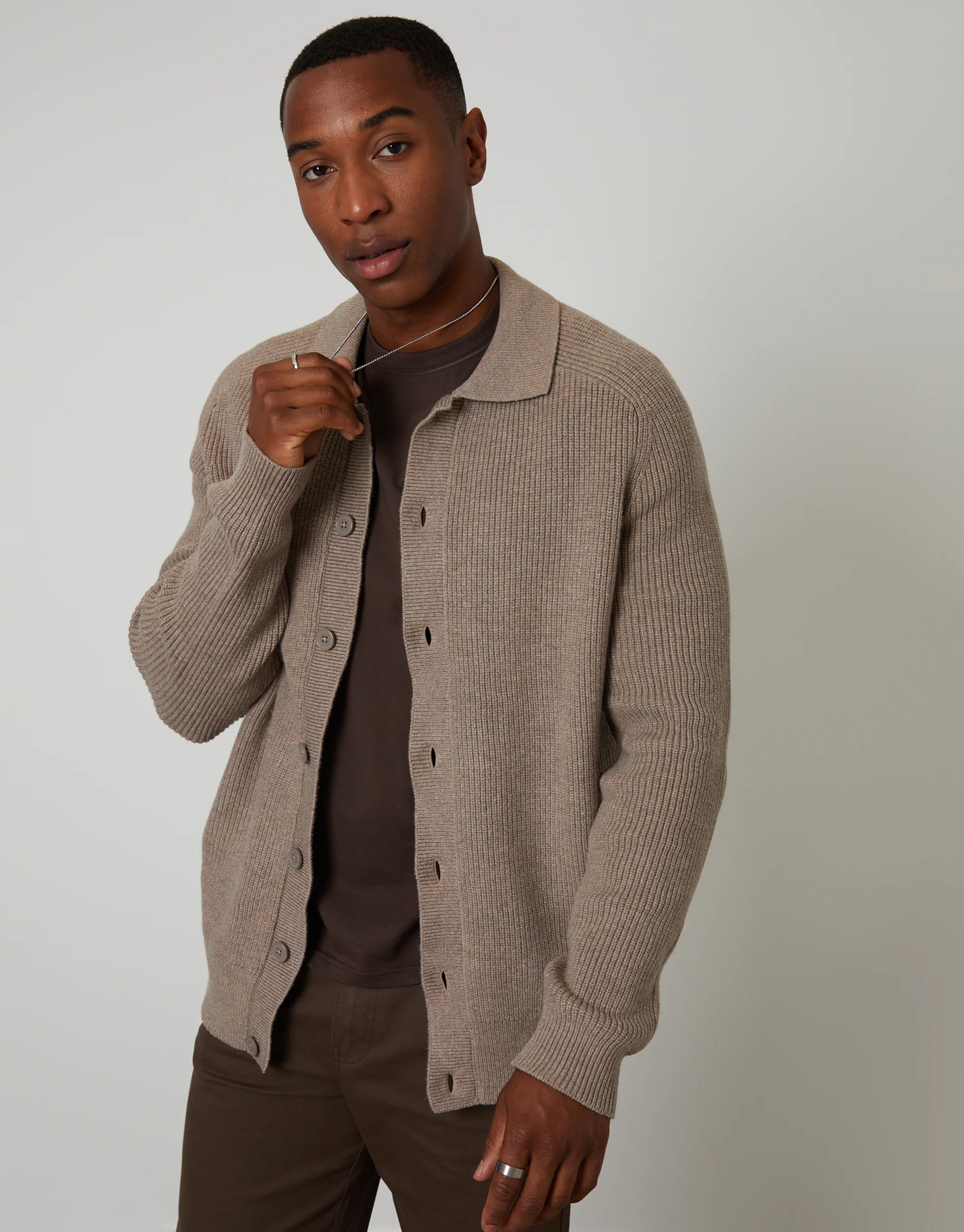 Knitted Collared Cardigan Jacket in Taupe