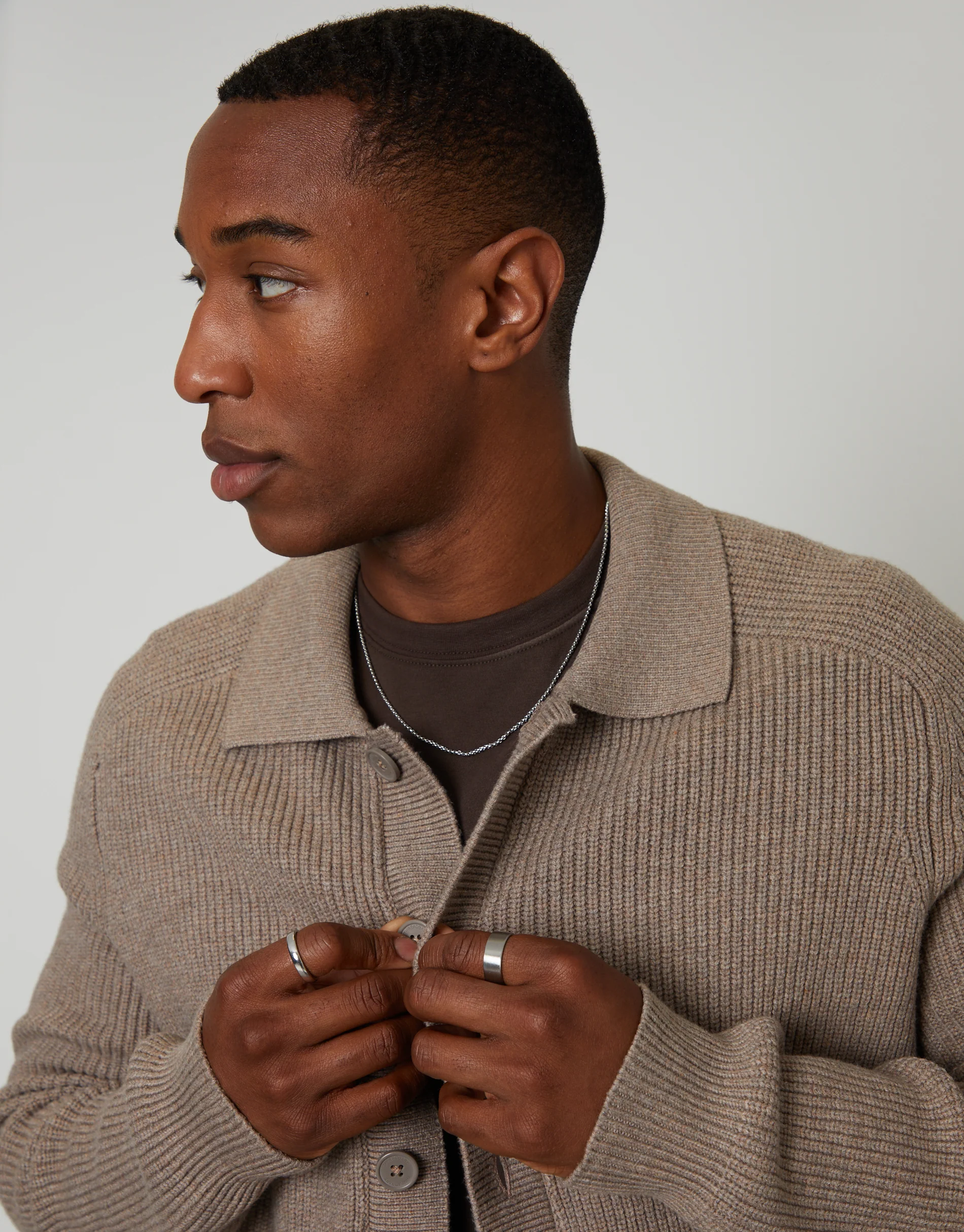 Knitted Collared Cardigan Jacket in Taupe - Image 4
