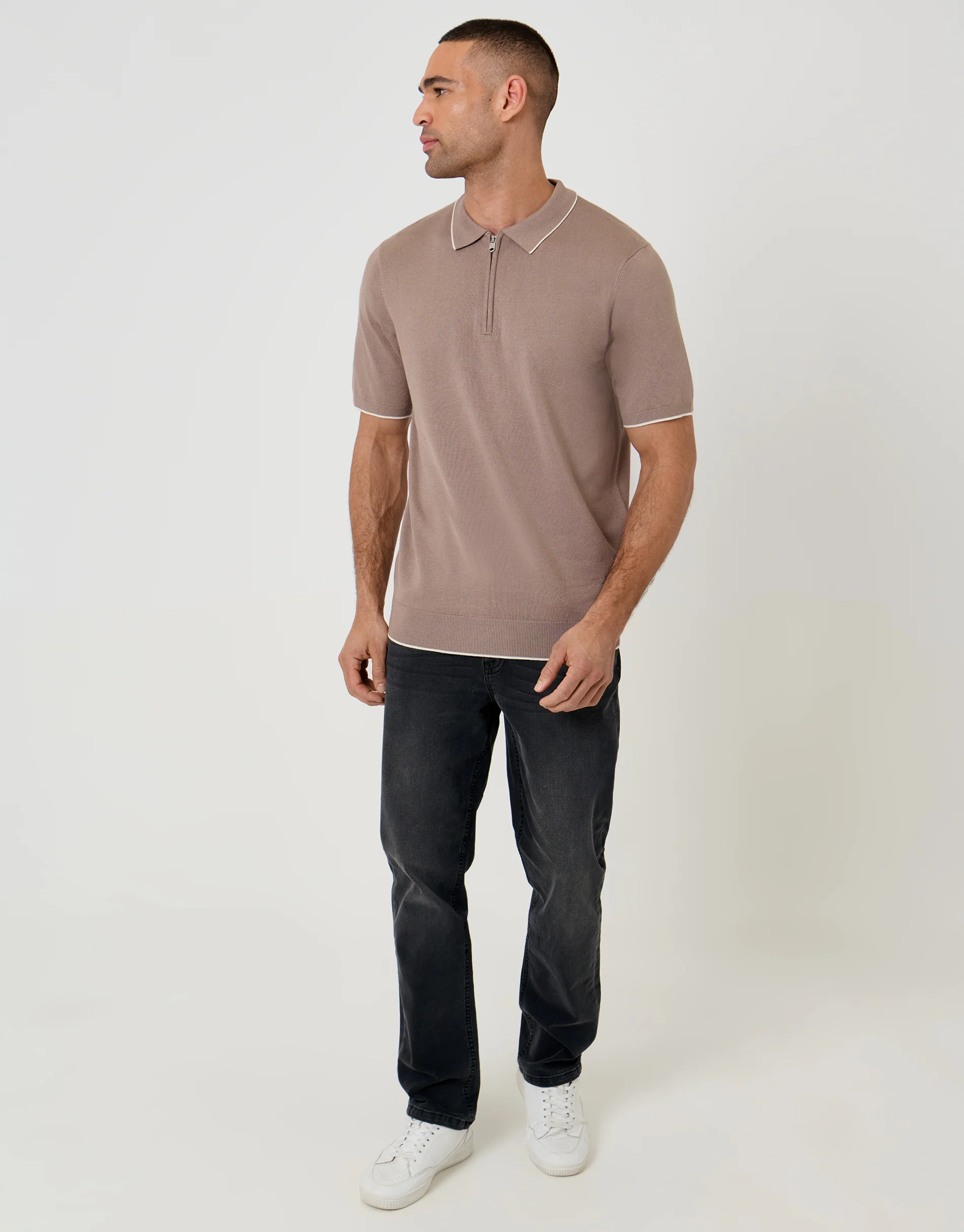 Knitted Quarter Zip Polo With Contrast Tipping in Taupe - Image 3