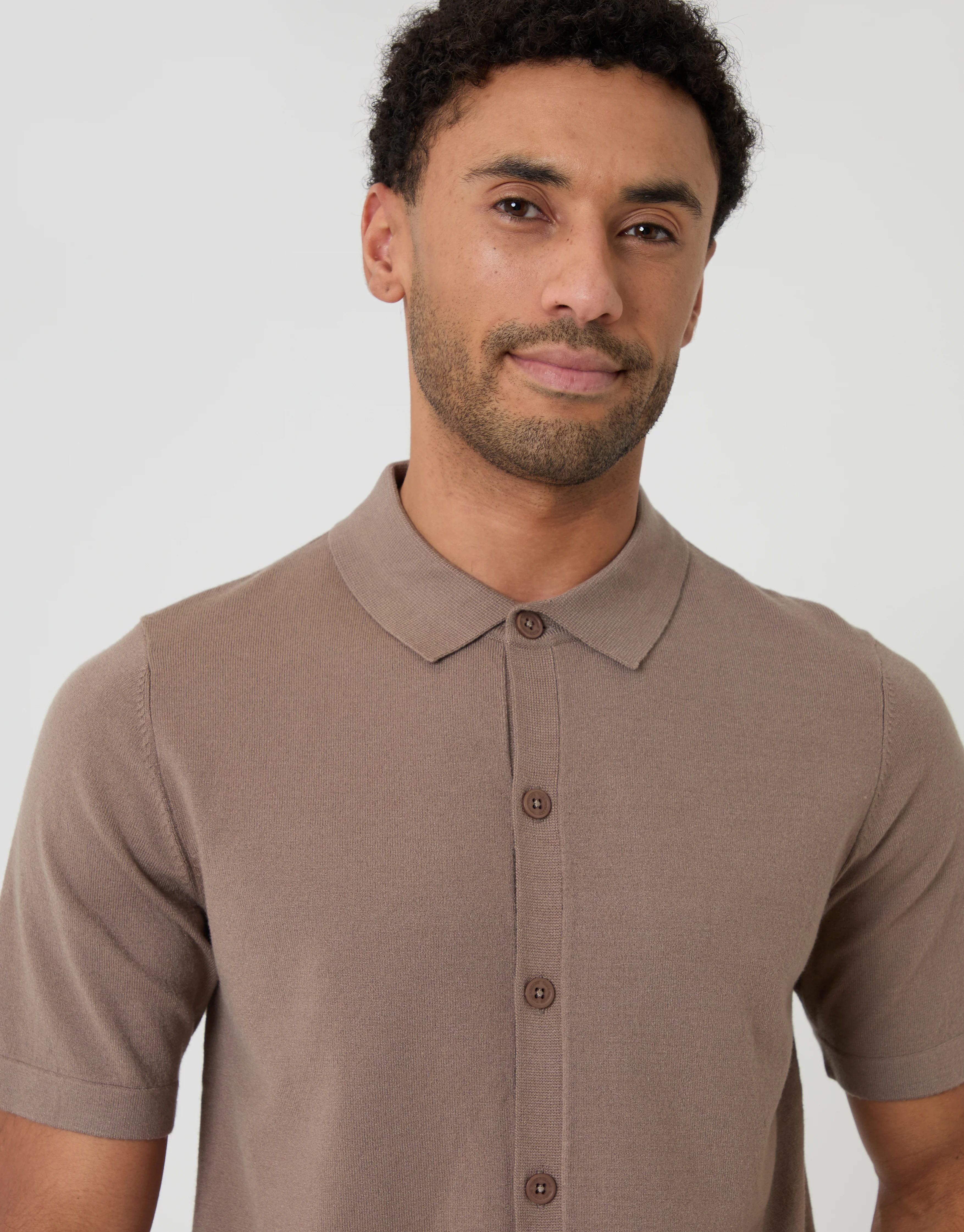 Knitted Short Sleeve Shirt in Taupe - Image 4
