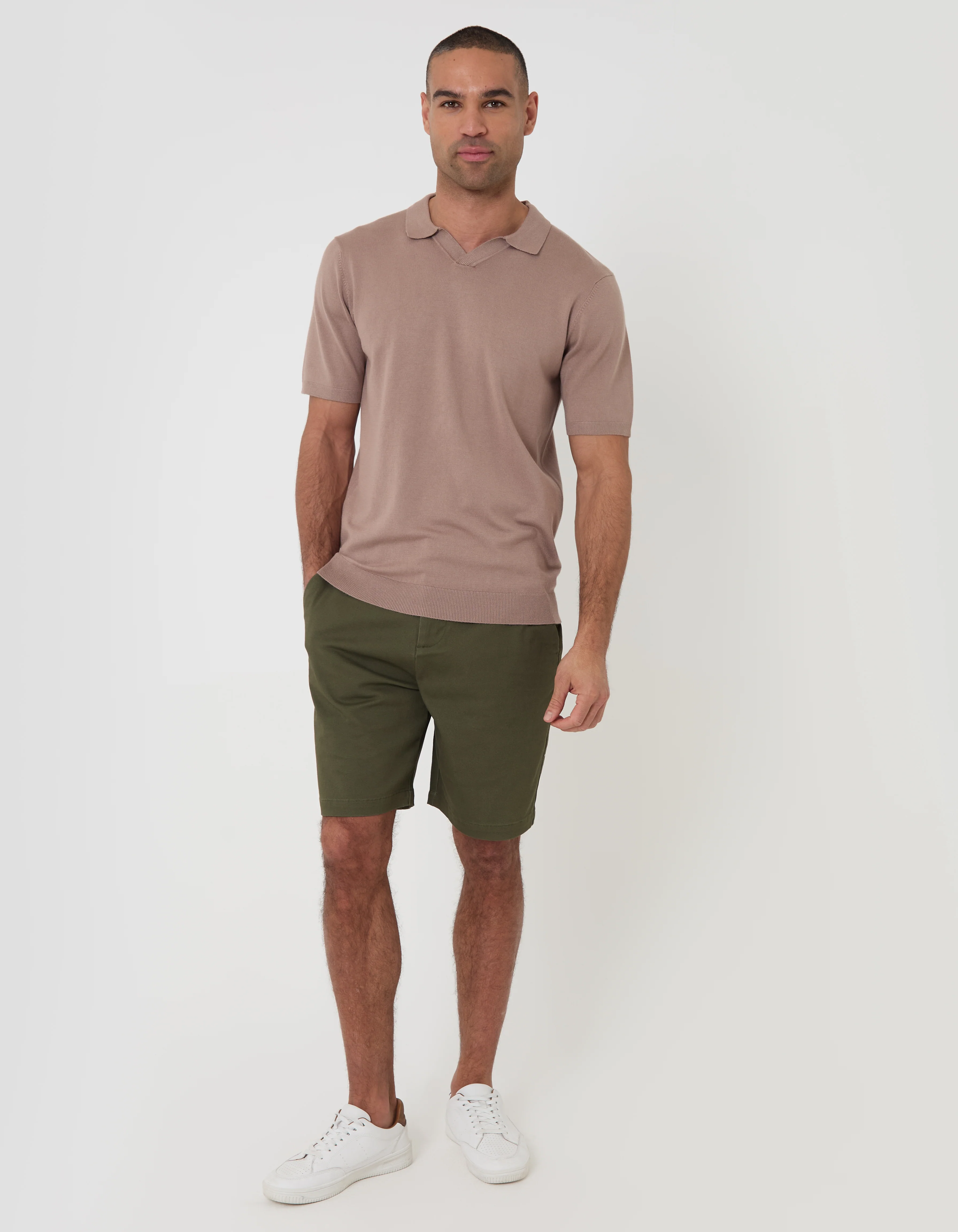 Knitted Trophy Neck Polo in Taupe - Image 3