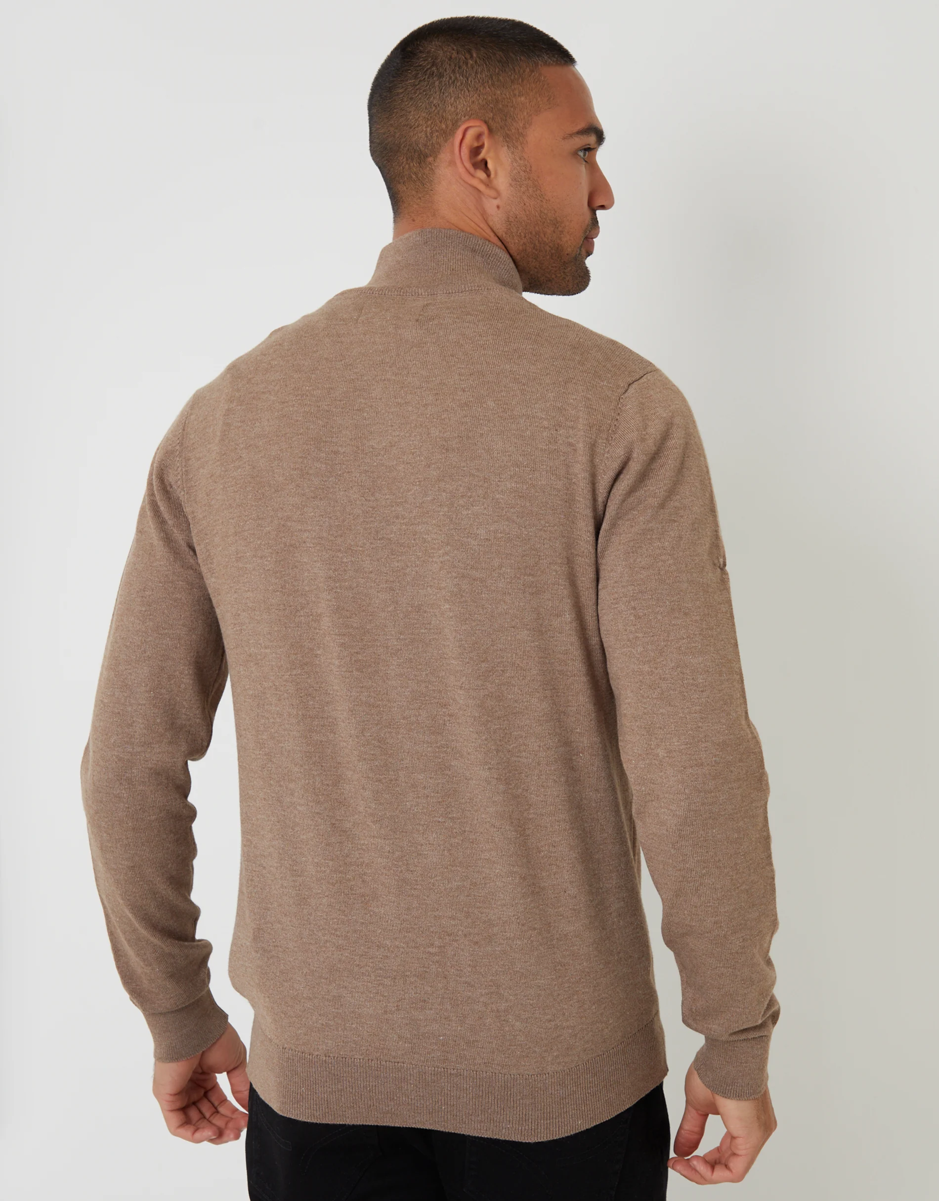 Funnel Neck Quarter Zip Knitted Jumper in Taupe Marl - Image 2