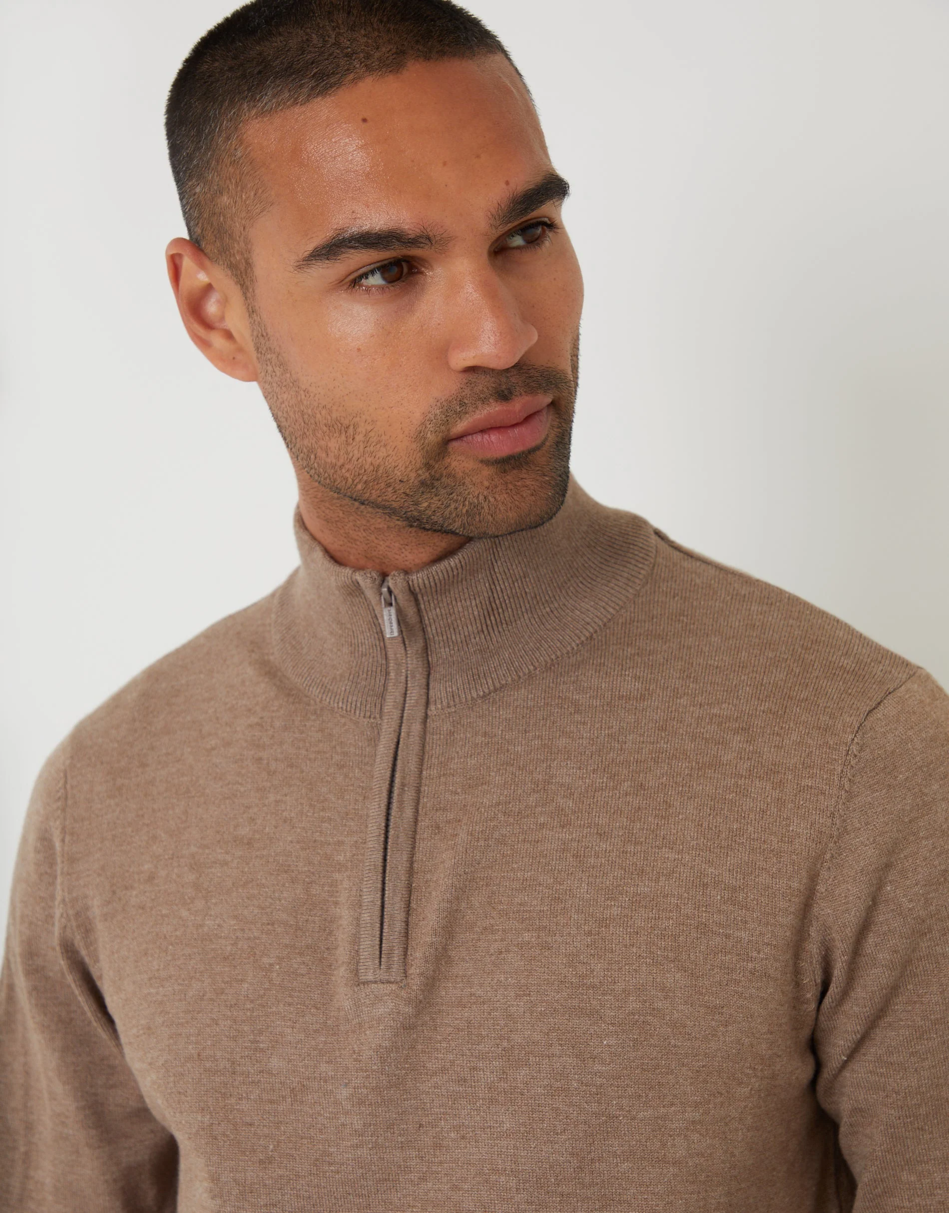 Funnel Neck Quarter Zip Knitted Jumper in Taupe Marl - Image 4