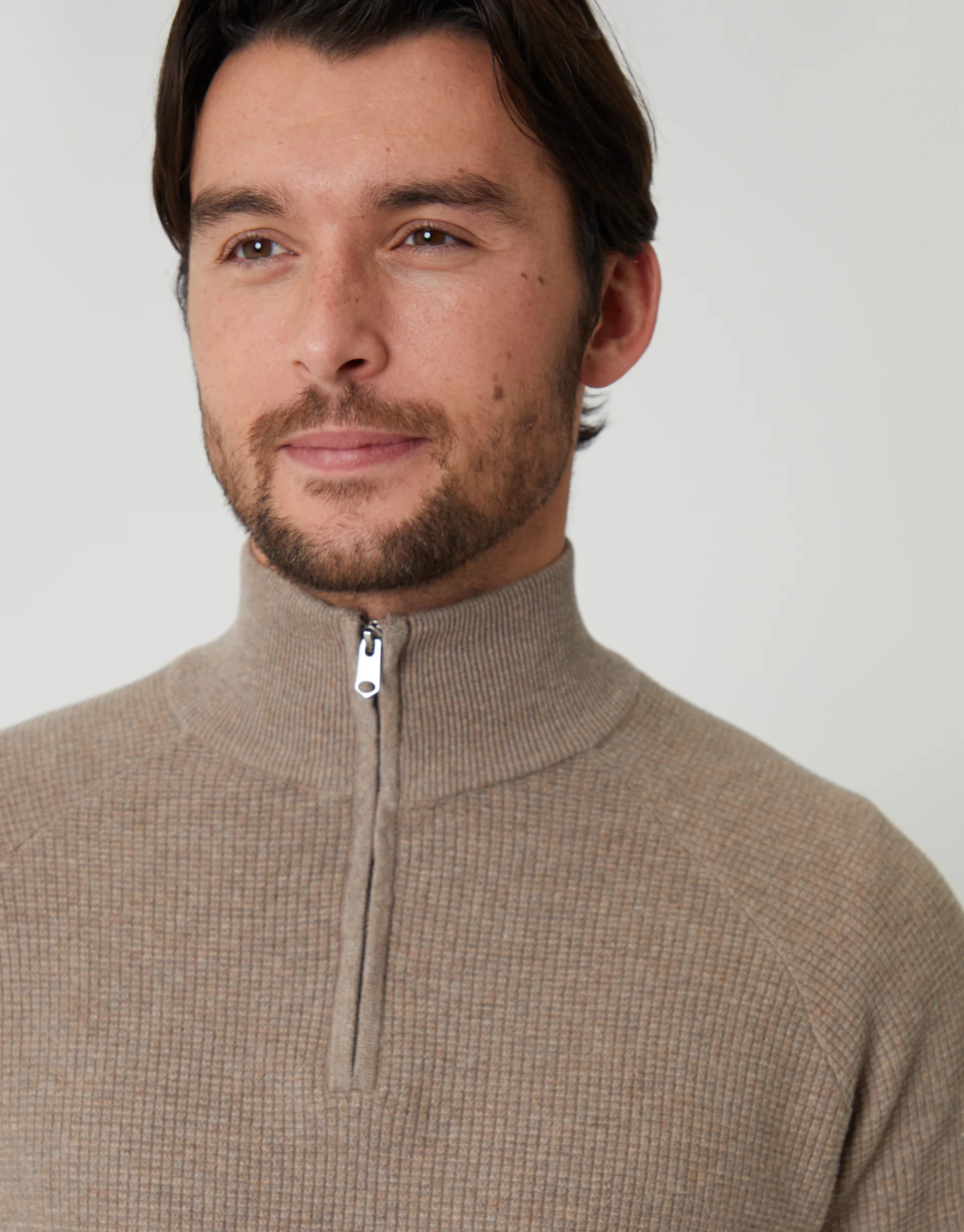 Waffle Knit Raglan Quarter Zip Jumper in Taupe Marl - Image 4