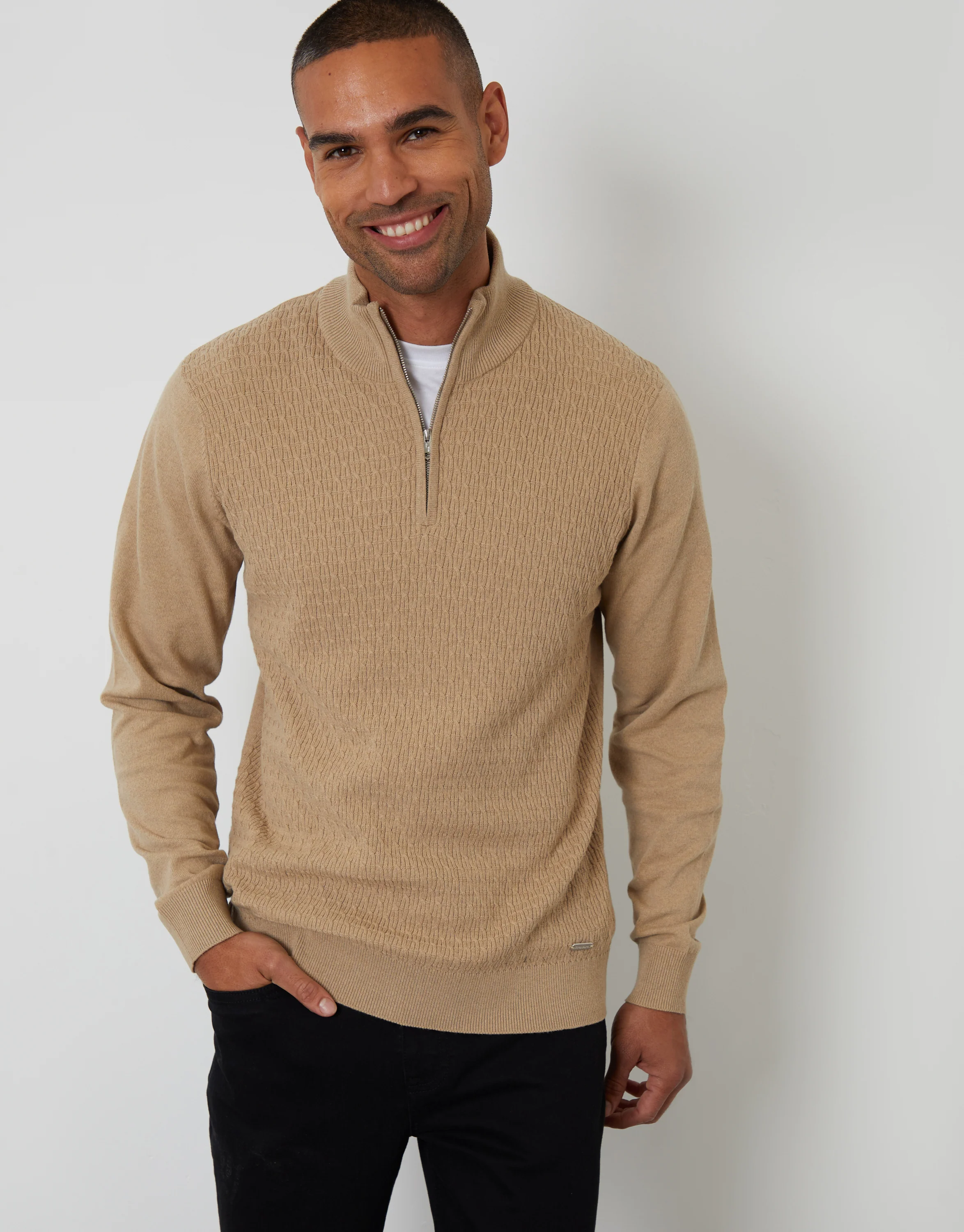 Mini Cable Knit Quarter Zip Jumper in Taupe