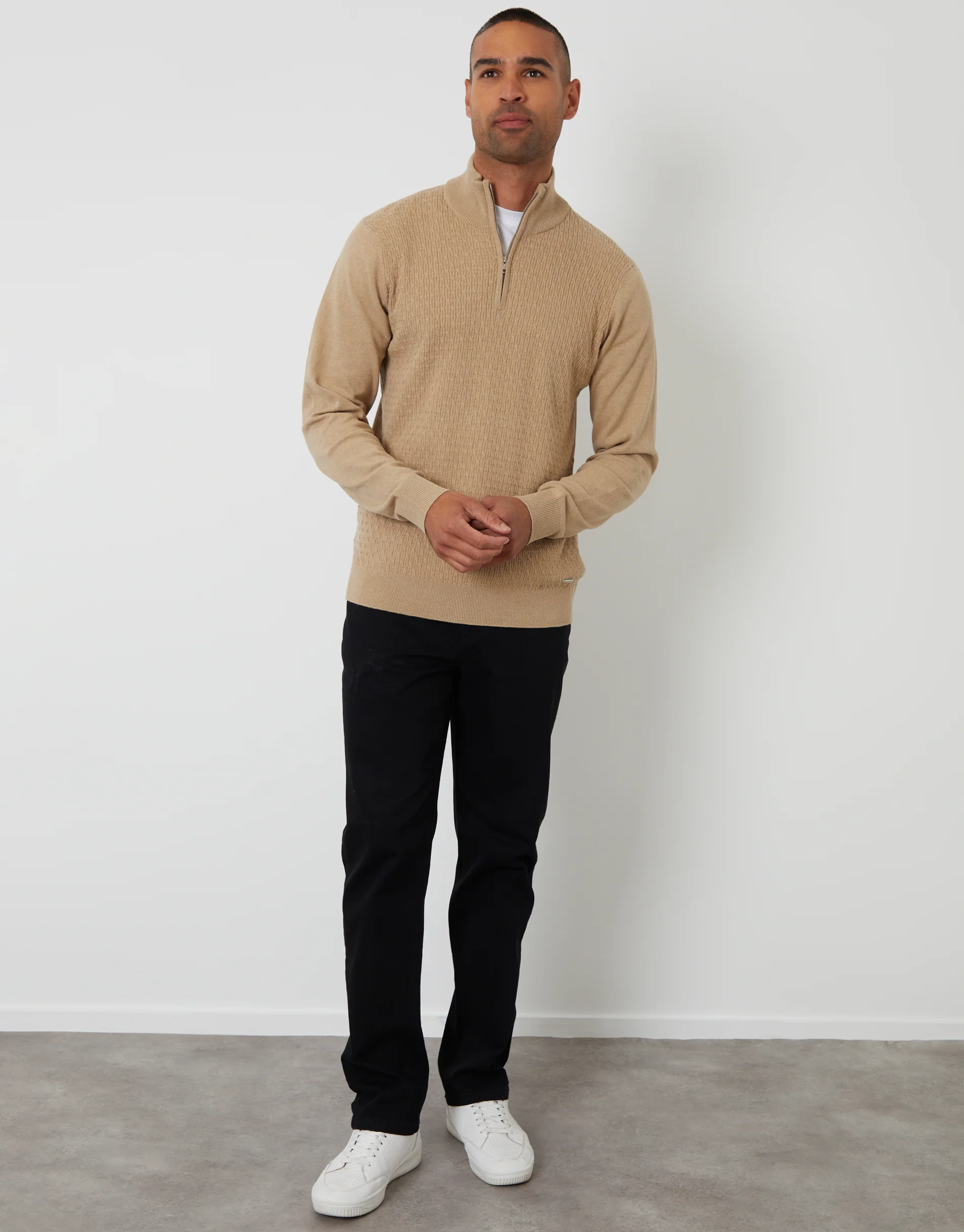Mini Cable Knit Quarter Zip Jumper in Taupe - Image 3