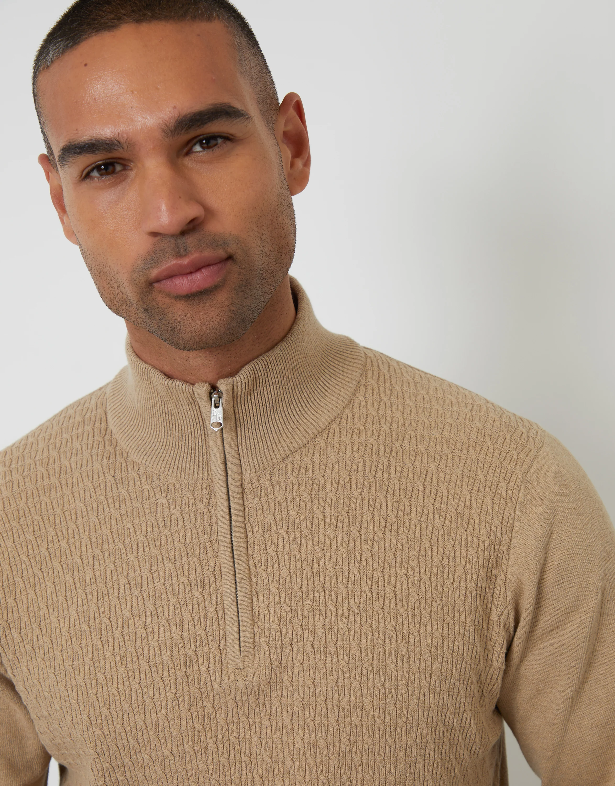 Mini Cable Knit Quarter Zip Jumper in Taupe - Image 4