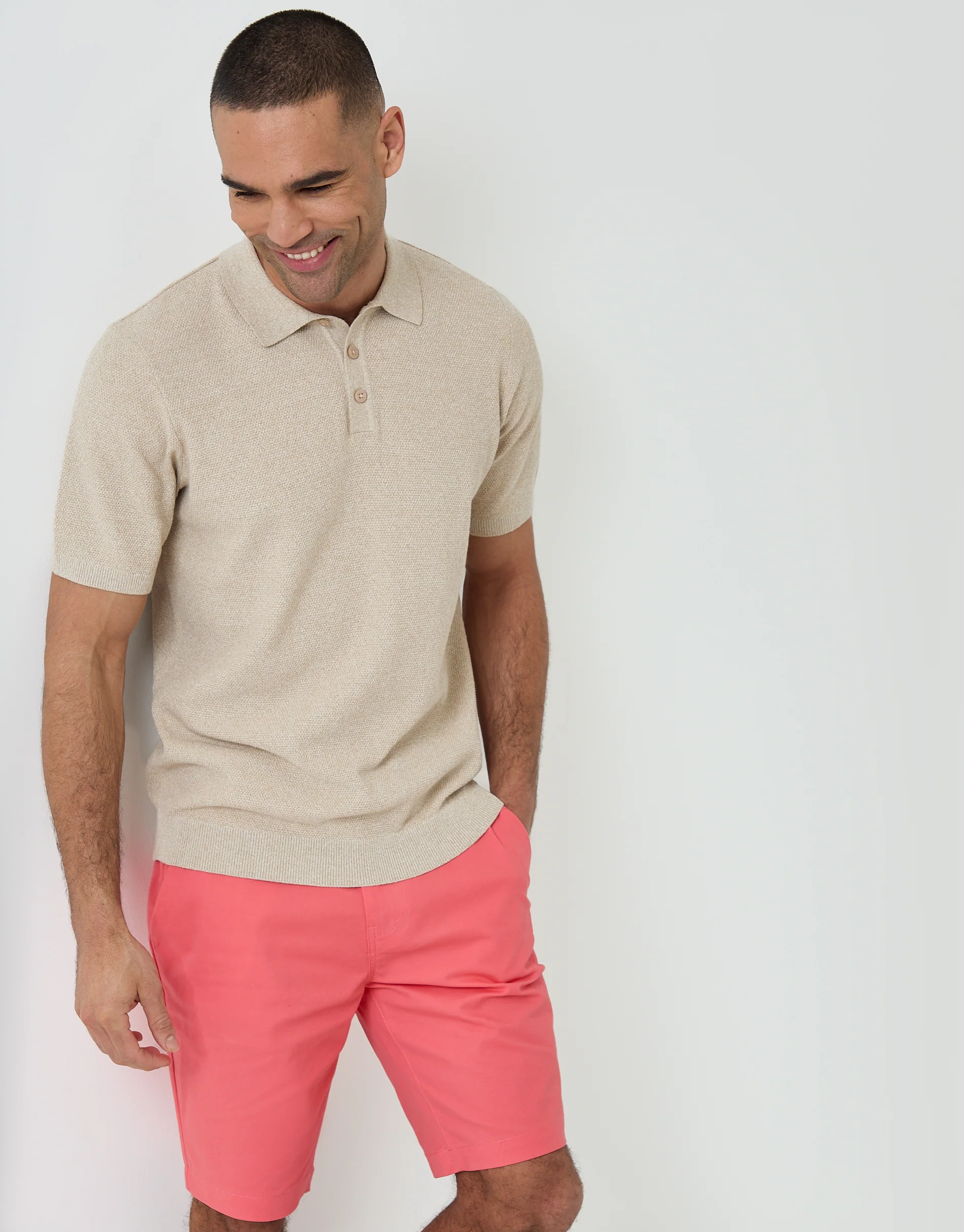 Moss Stitch Knitted Polo in Taupe