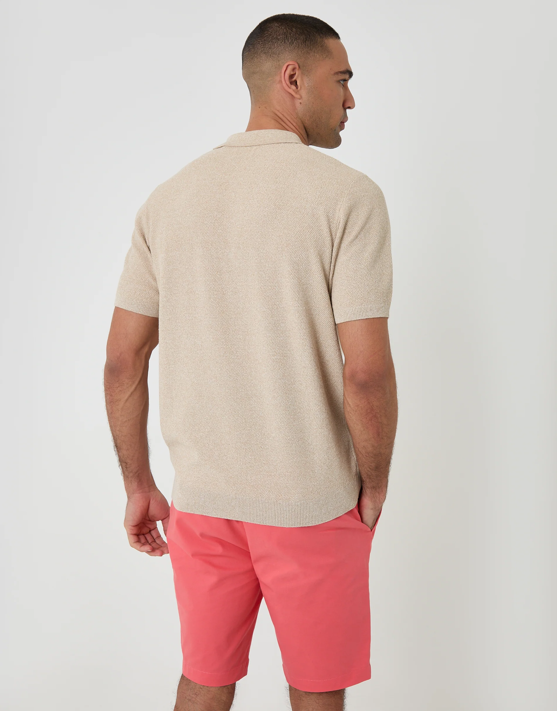 Moss Stitch Knitted Polo in Taupe - Image 2