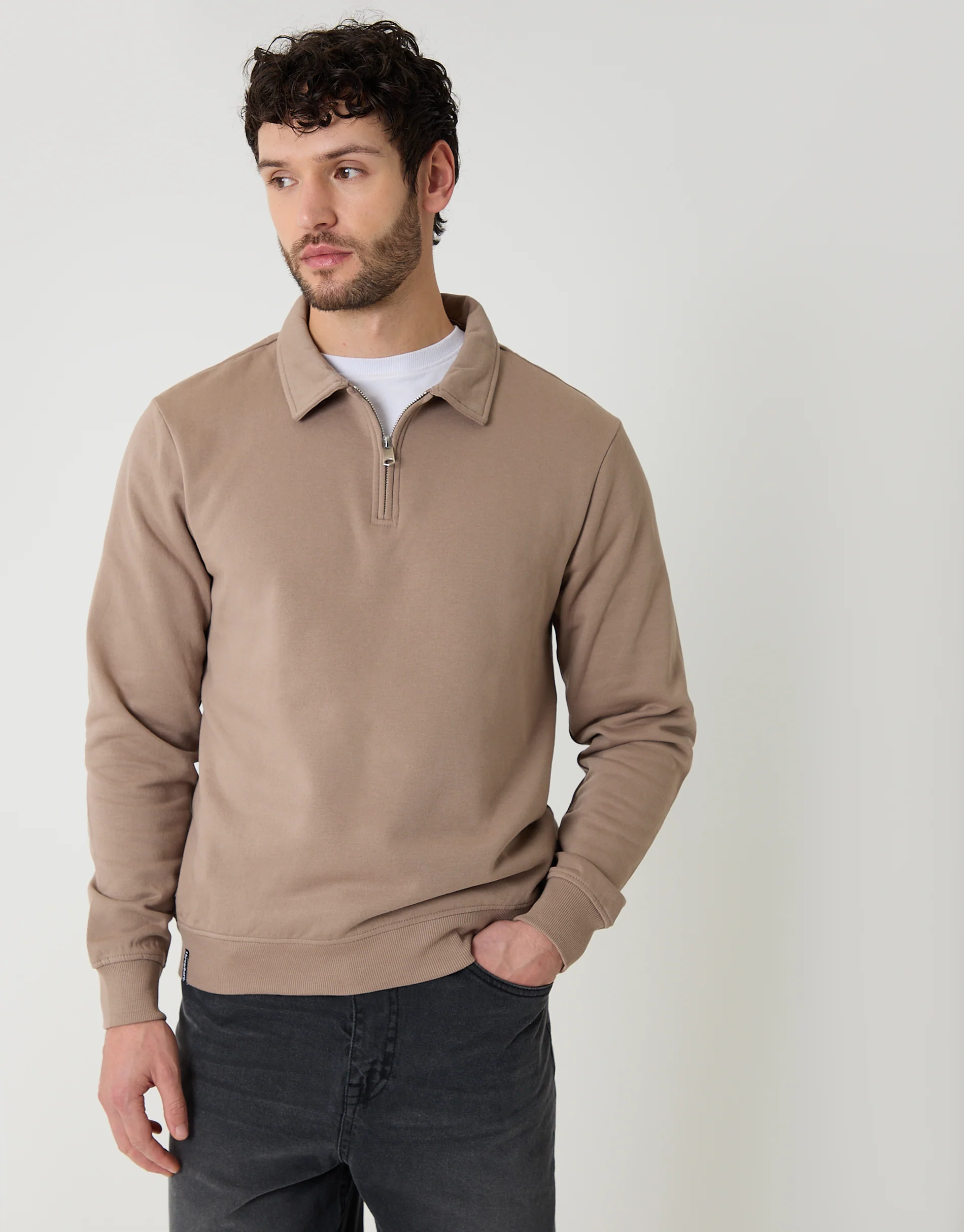 Quarter Zip Collared Sweatshirt in Taupe