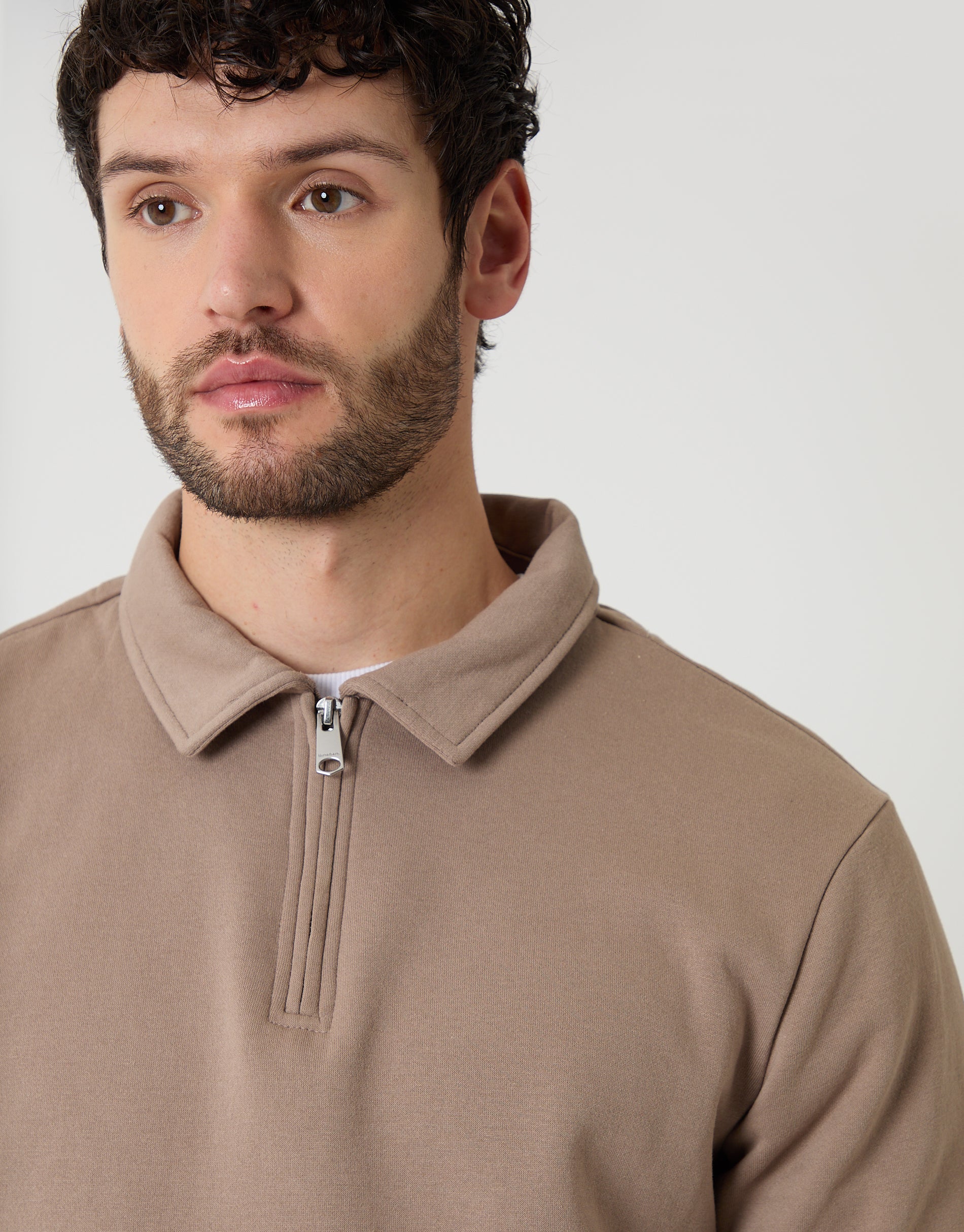 Quarter Zip Collared Sweatshirt in Taupe - Image 4