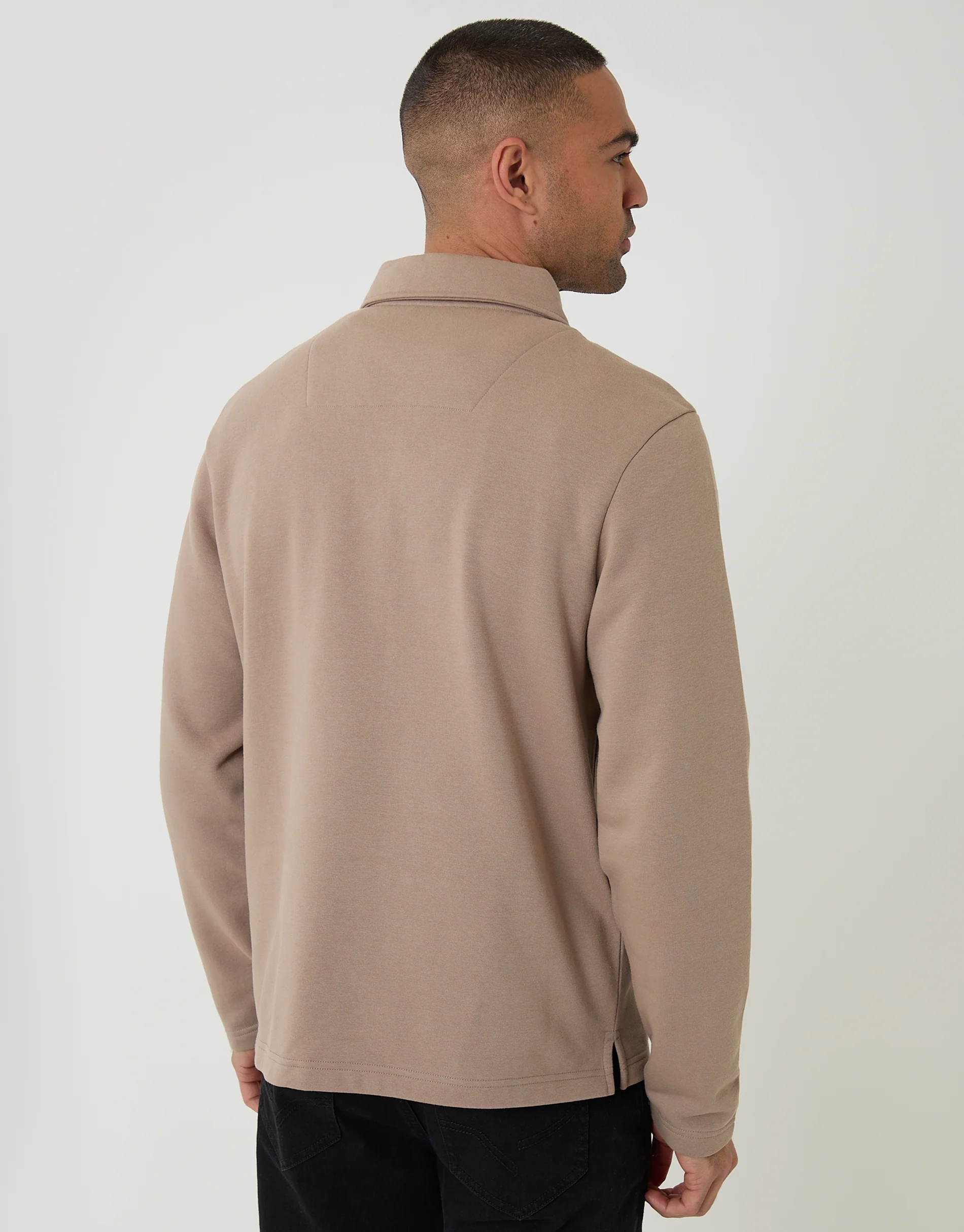 Quarter Zip Long Sleeve Polo Sweatshirt in Taupe - Image 2