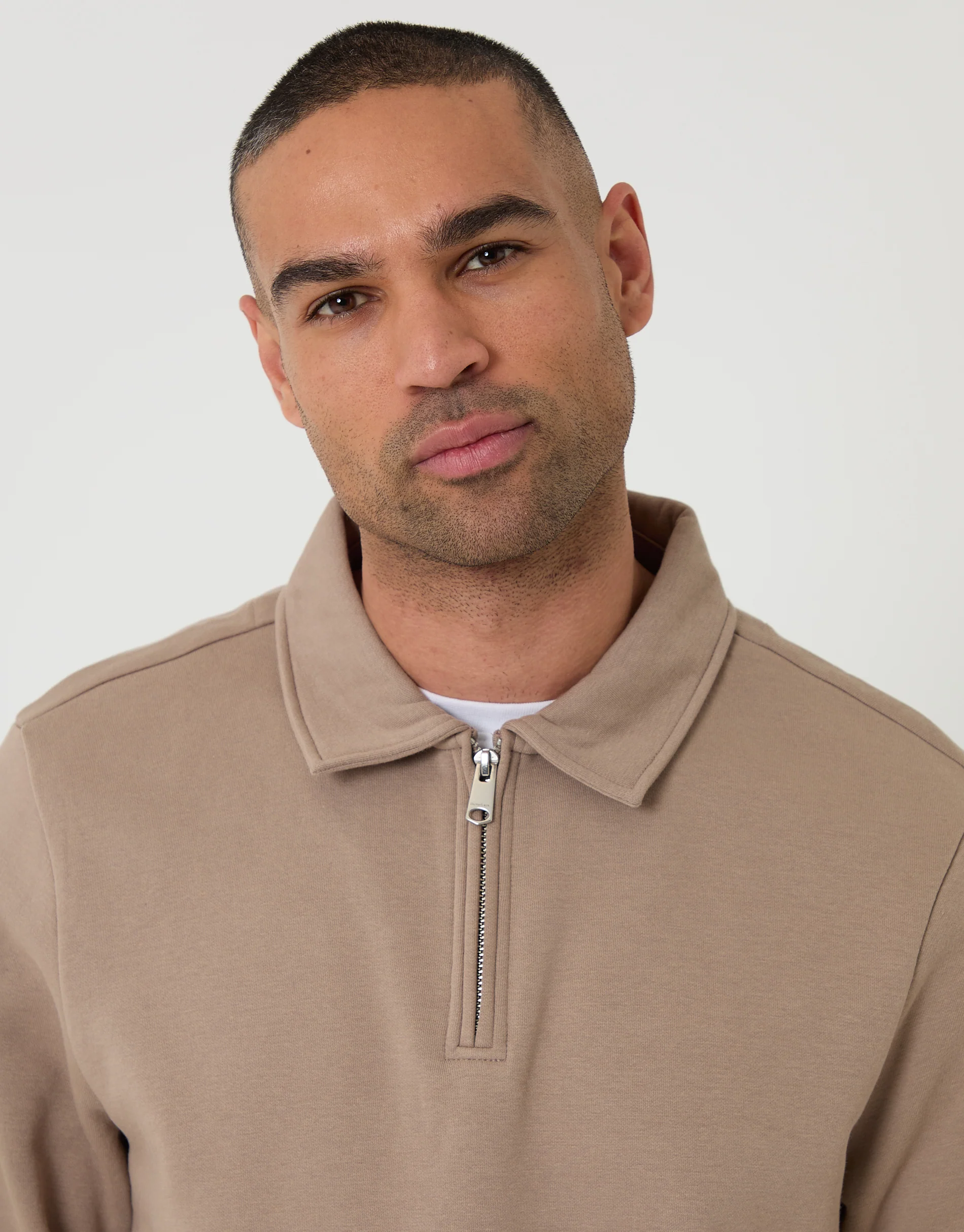 Quarter Zip Long Sleeve Polo Sweatshirt in Taupe - Image 4