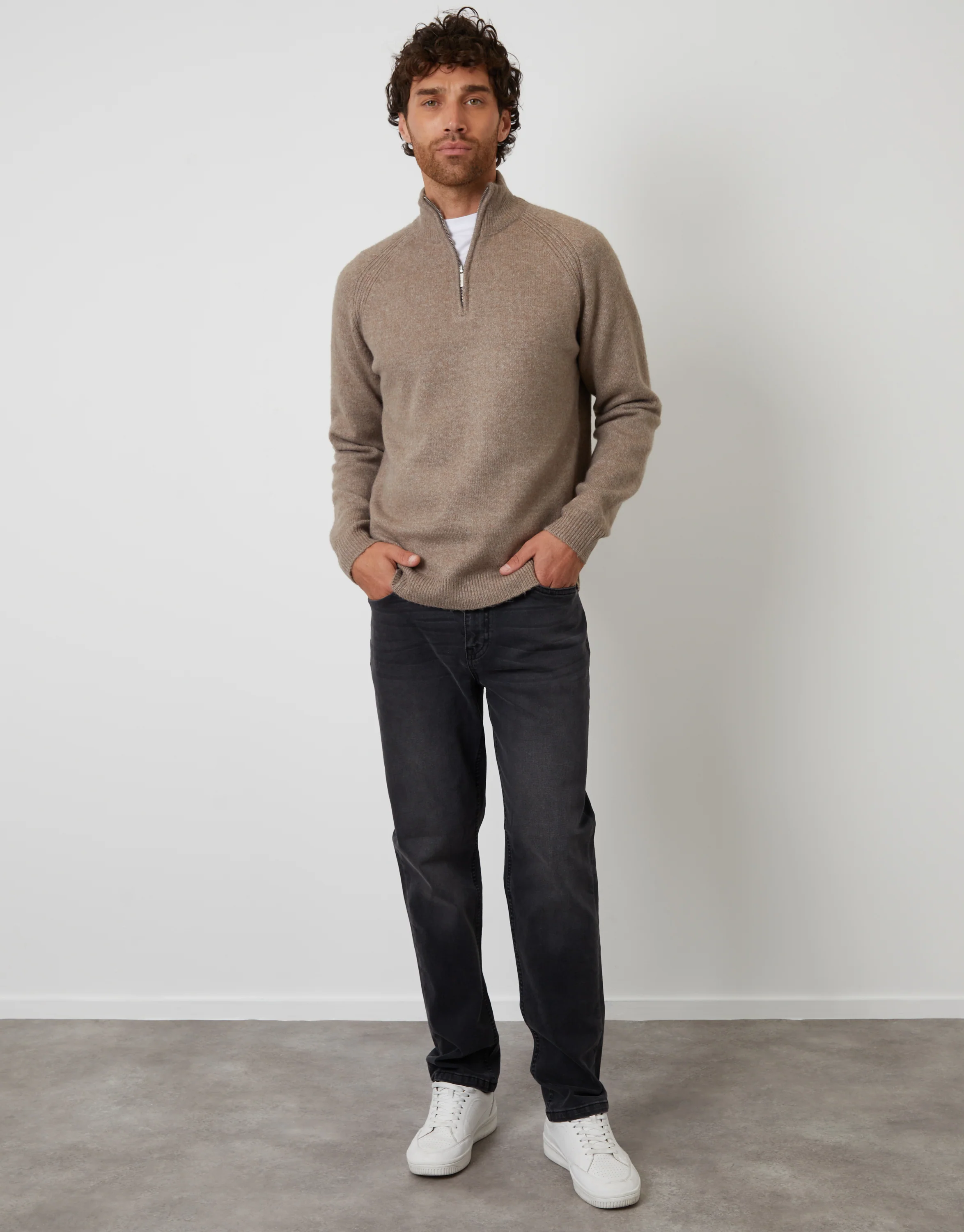 Raglan Rib Quarter Zip Knitted Jumper in Taupe - Image 4