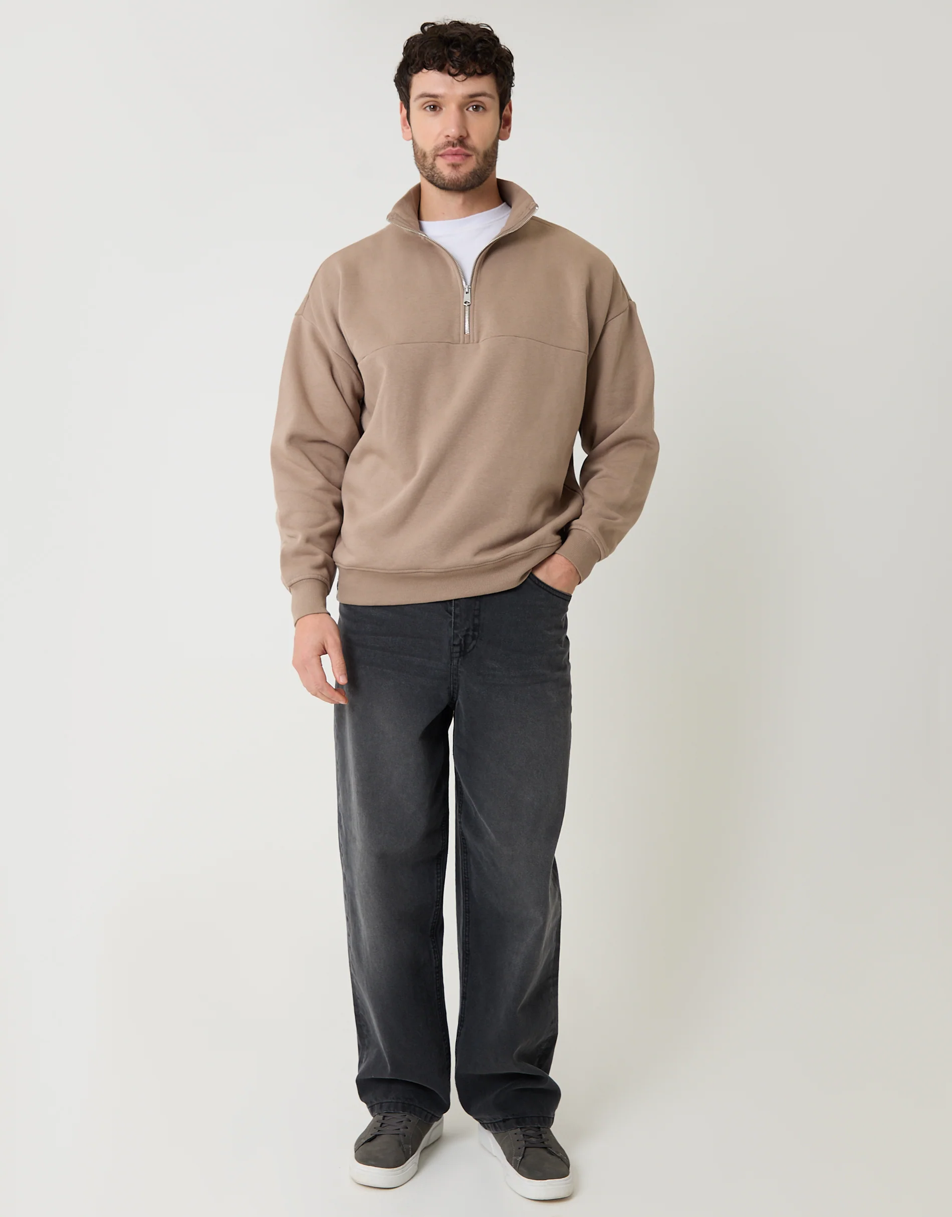 Relaxed Fit Half Zip Sweatshirt in Taupe - Image 3
