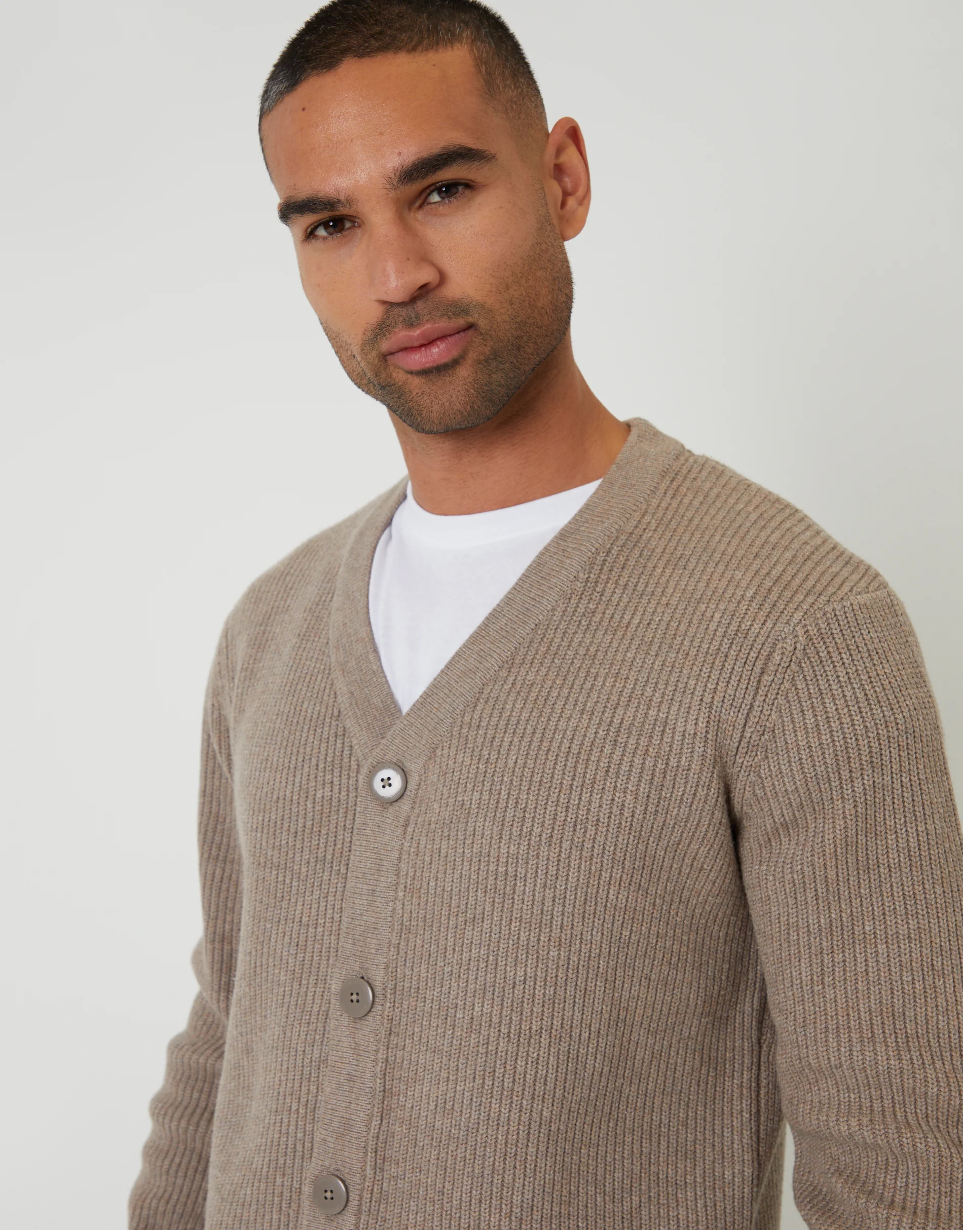 Rib Knit Button Up Cardigan in Taupe - Image 4