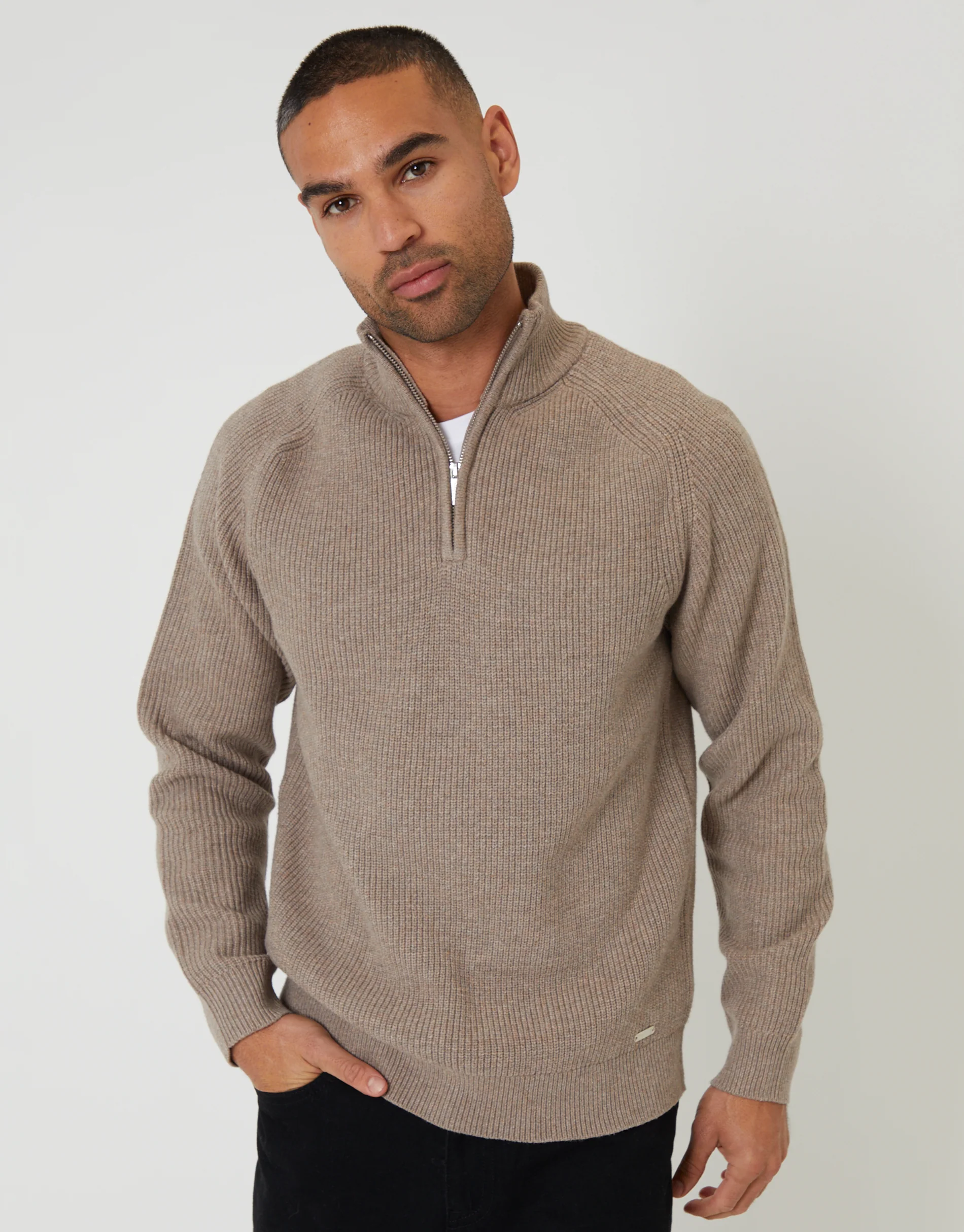 Rib Panel Quarter Zip Knitted Jumper in Taupe
