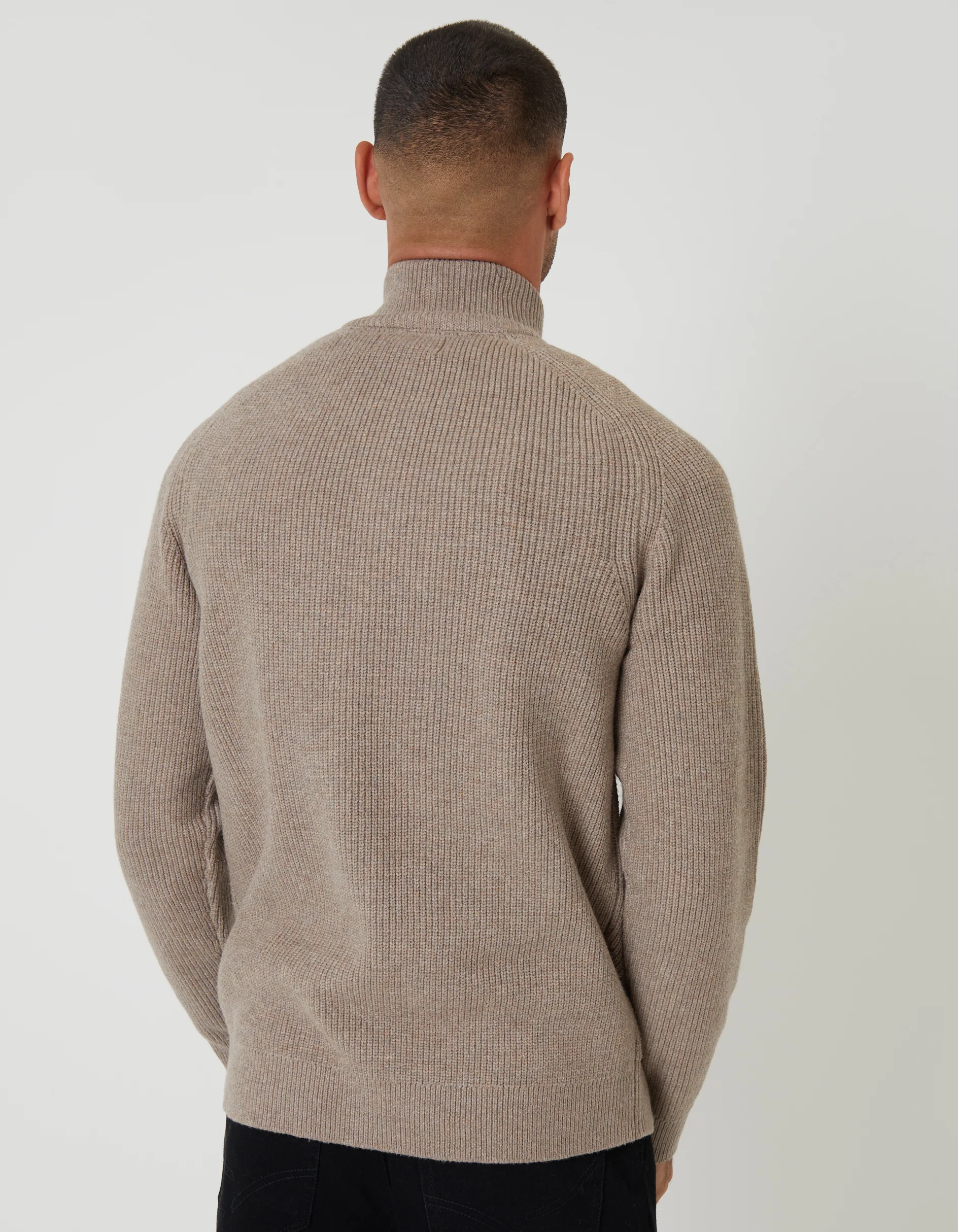 Rib Panel Quarter Zip Knitted Jumper in Taupe - Image 2