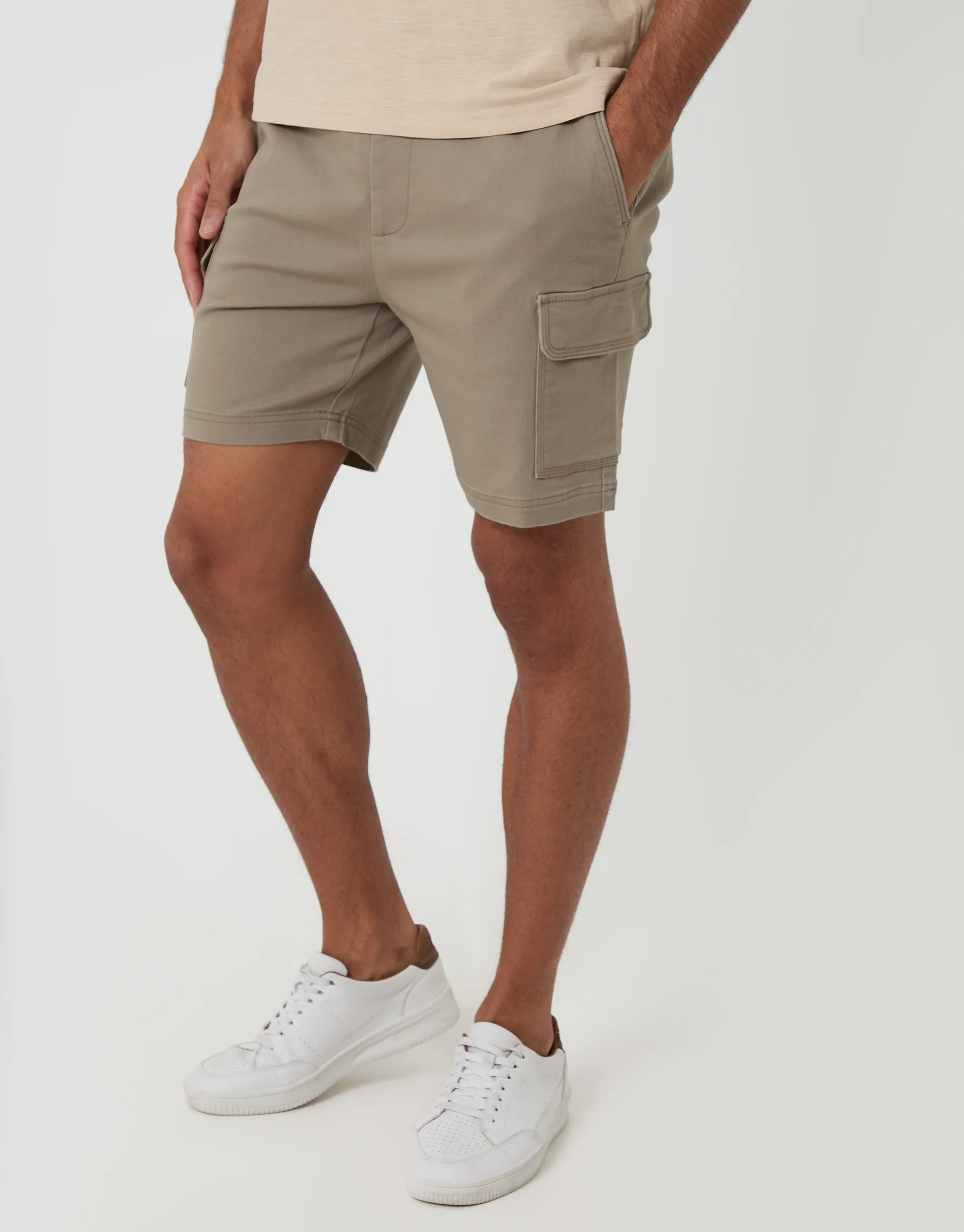 Shorter Length Elasticated Waist Stretch Cargo Shorts in Taupe - Image 3