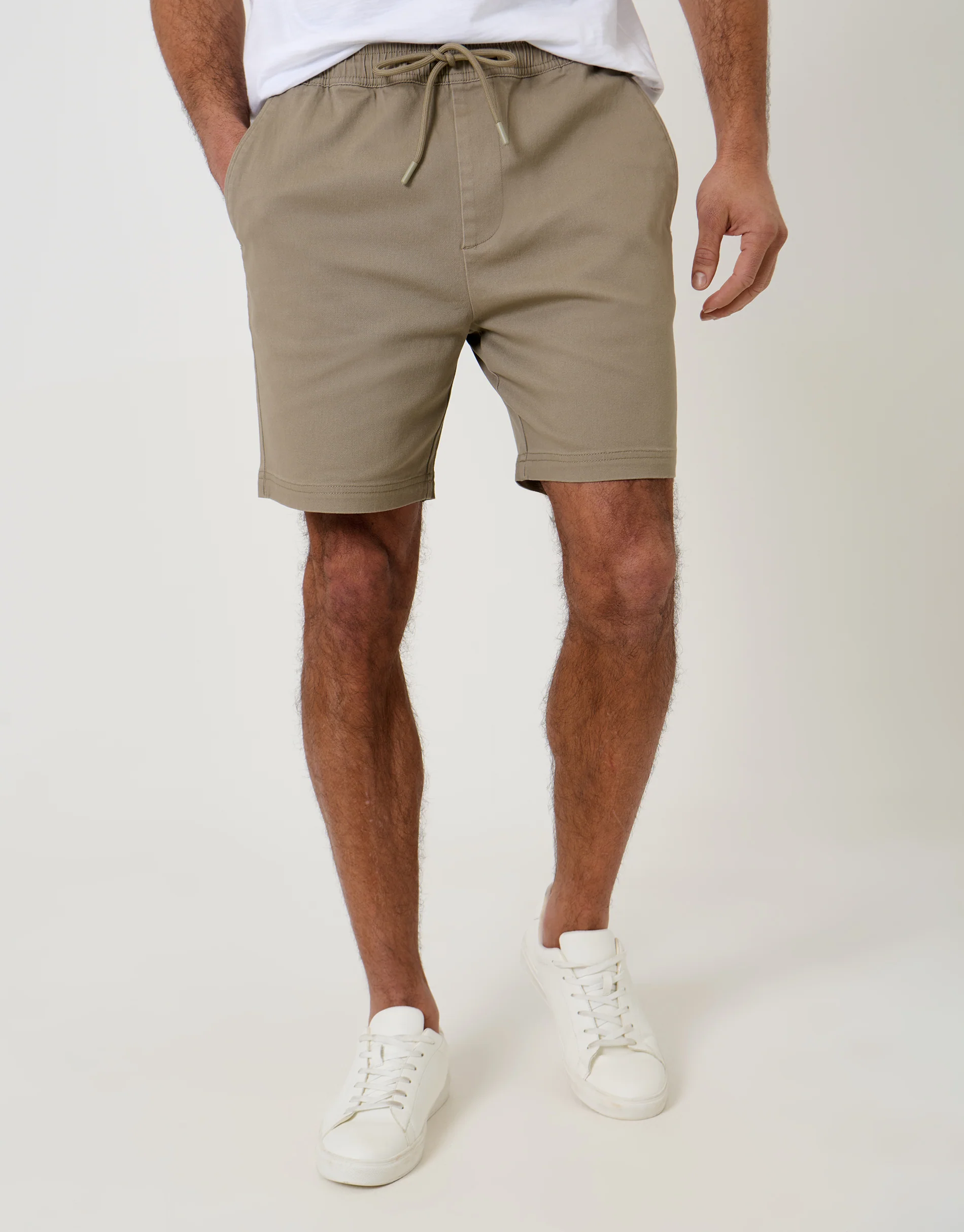 Shorter Length Elasticated Waist Stretch Chino Shorts in Taupe