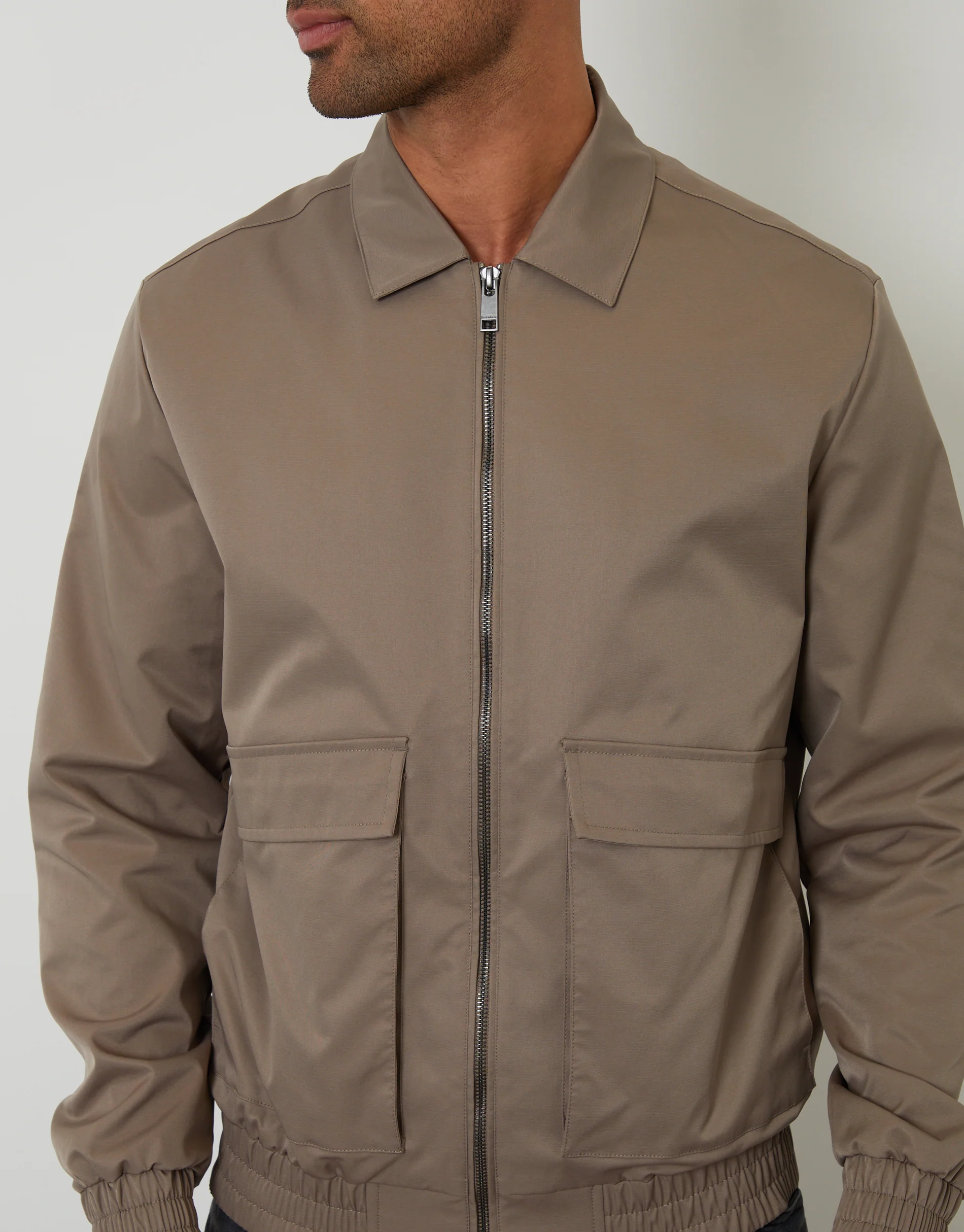 Showerproof Patch Pocket Zip Up Collared Jacket in Taupe - Image 5