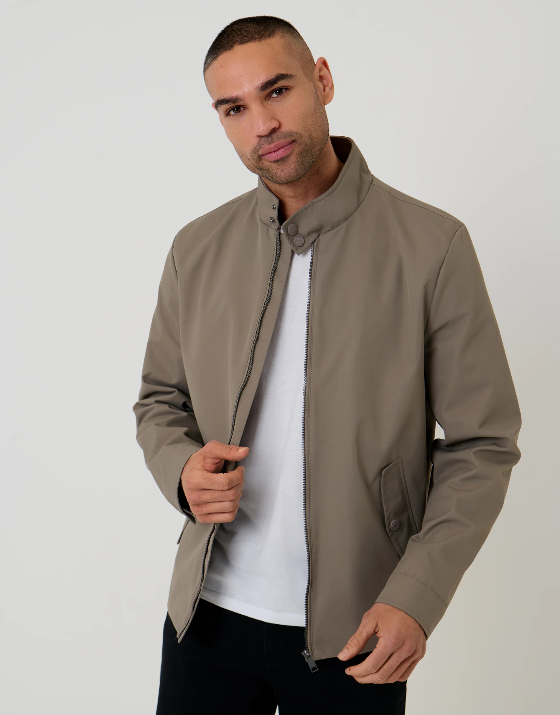 Showerproof Zip Up Harrington Jacket in Taupe - Image 5