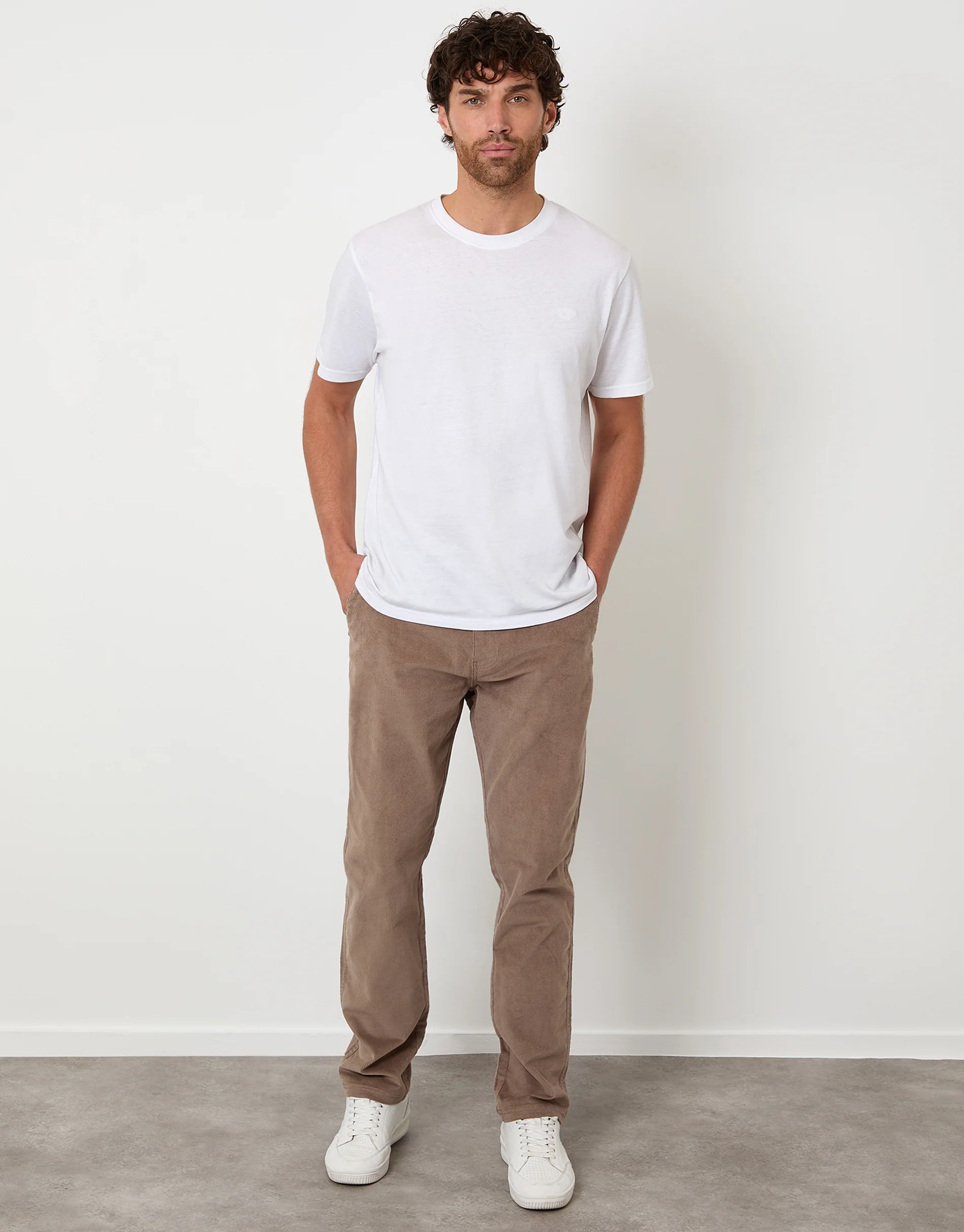 Straight Leg Stretch Corduroy Trousers in Taupe