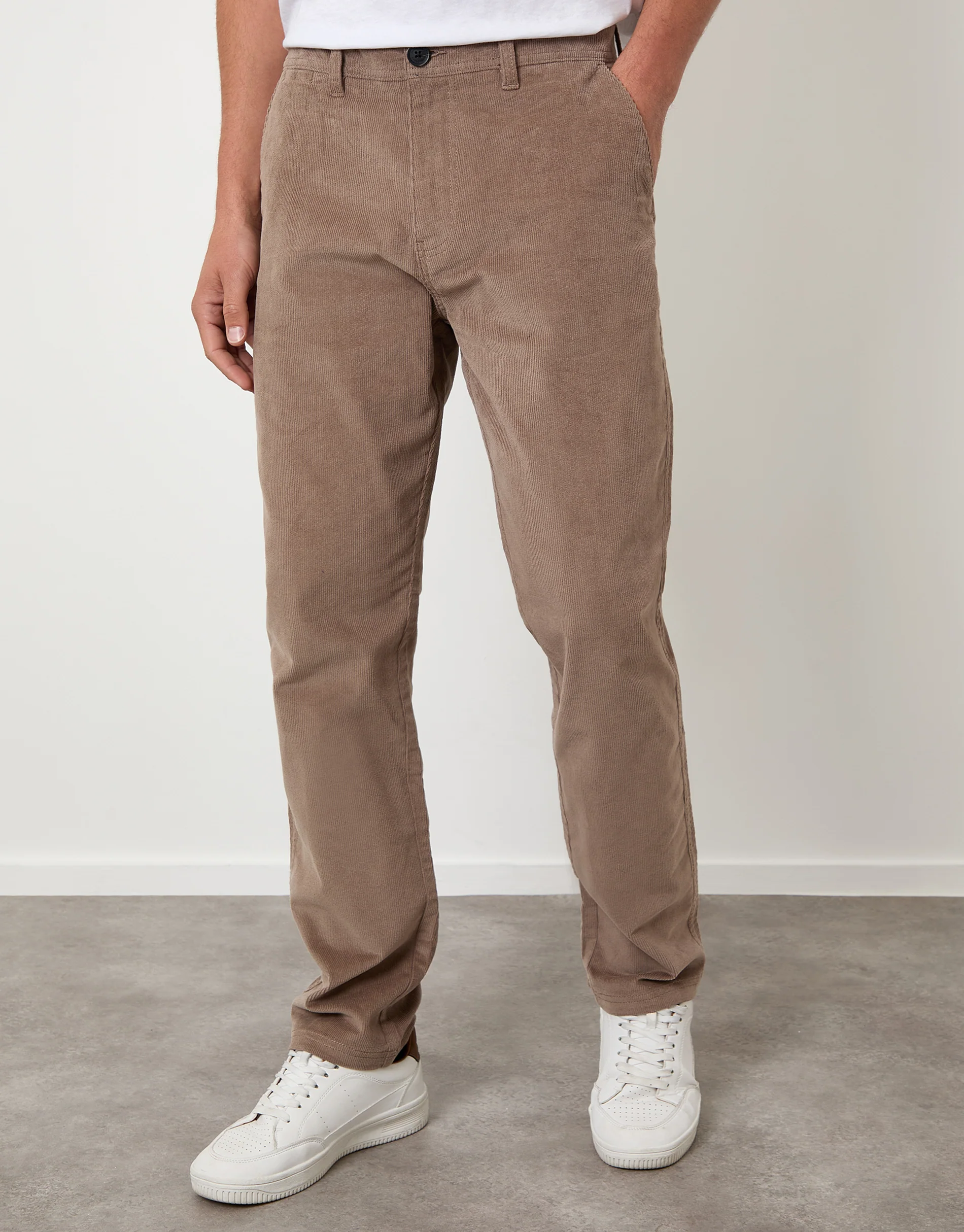 Straight Leg Stretch Corduroy Trousers in Taupe - Image 2