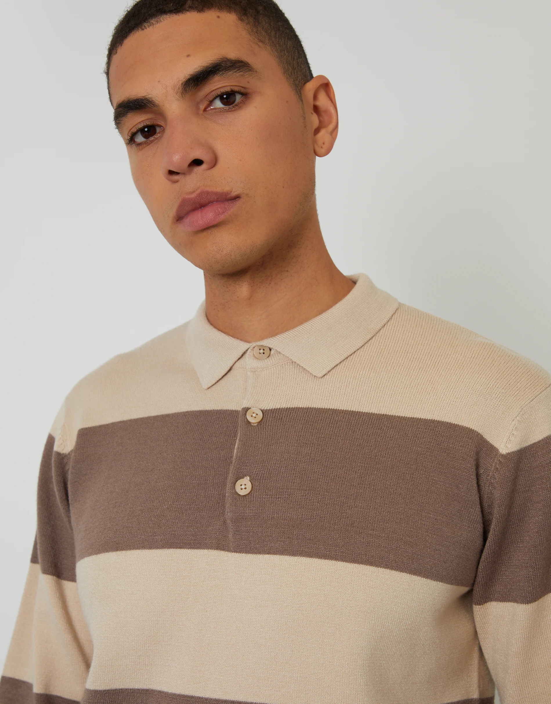 Knitted Long Sleeve Rugby Polo in Taupe Stripe - Image 4