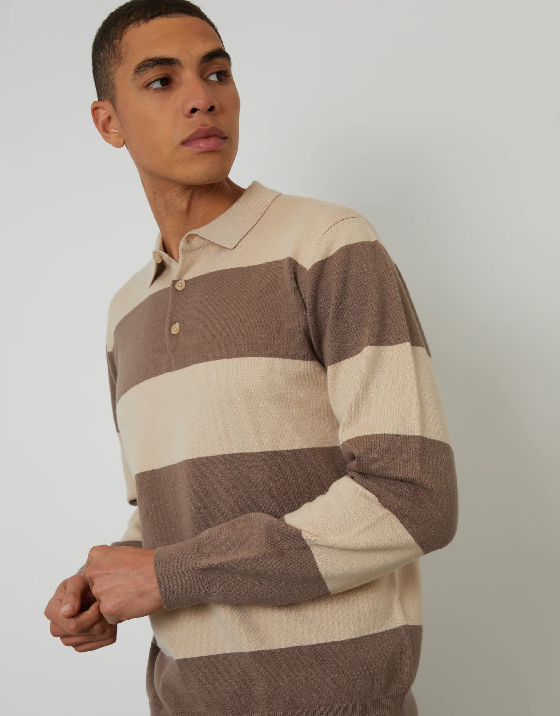 Knitted Long Sleeve Rugby Polo in Taupe Stripe - Image 5