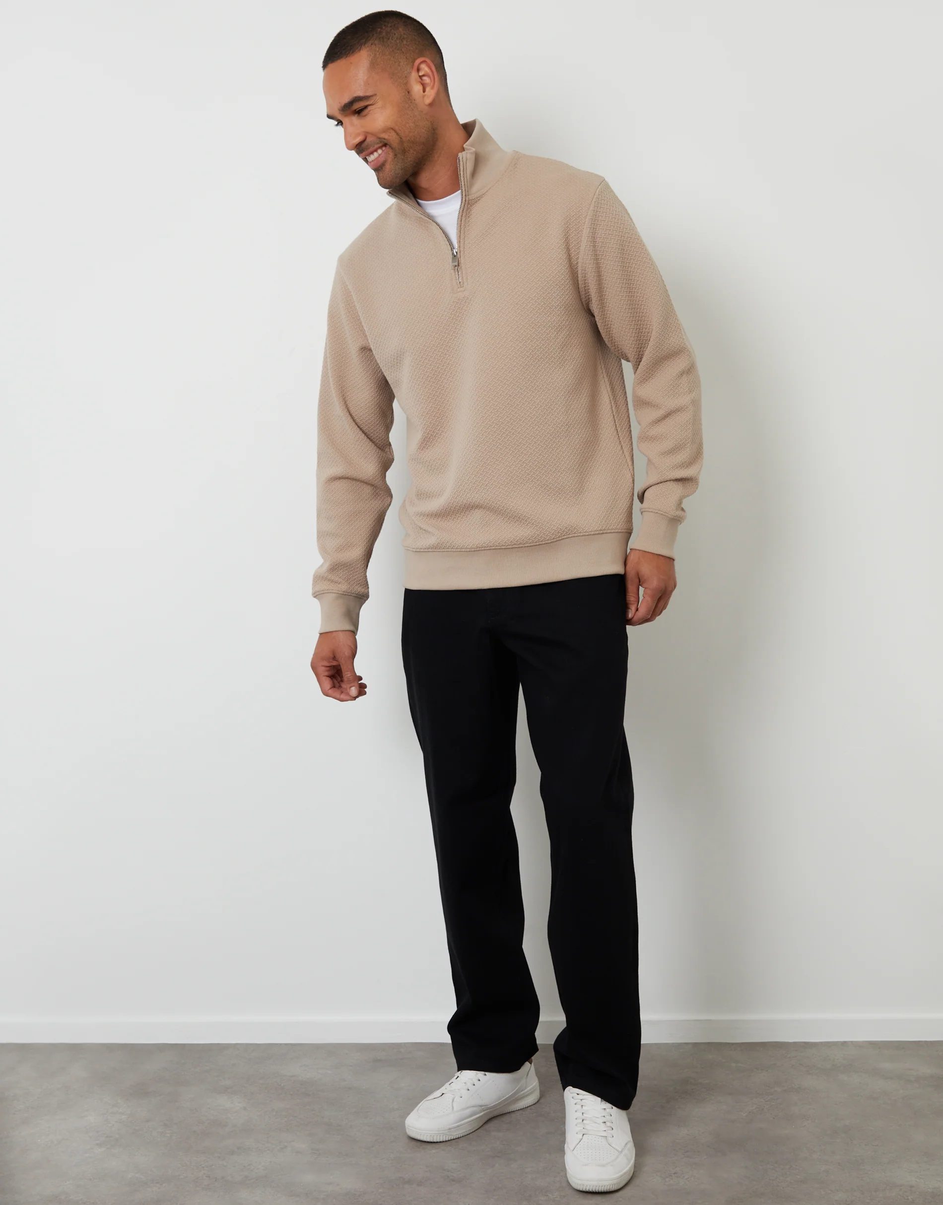Textured Quarter Zip Sweatshirt in Taupe - Image 3