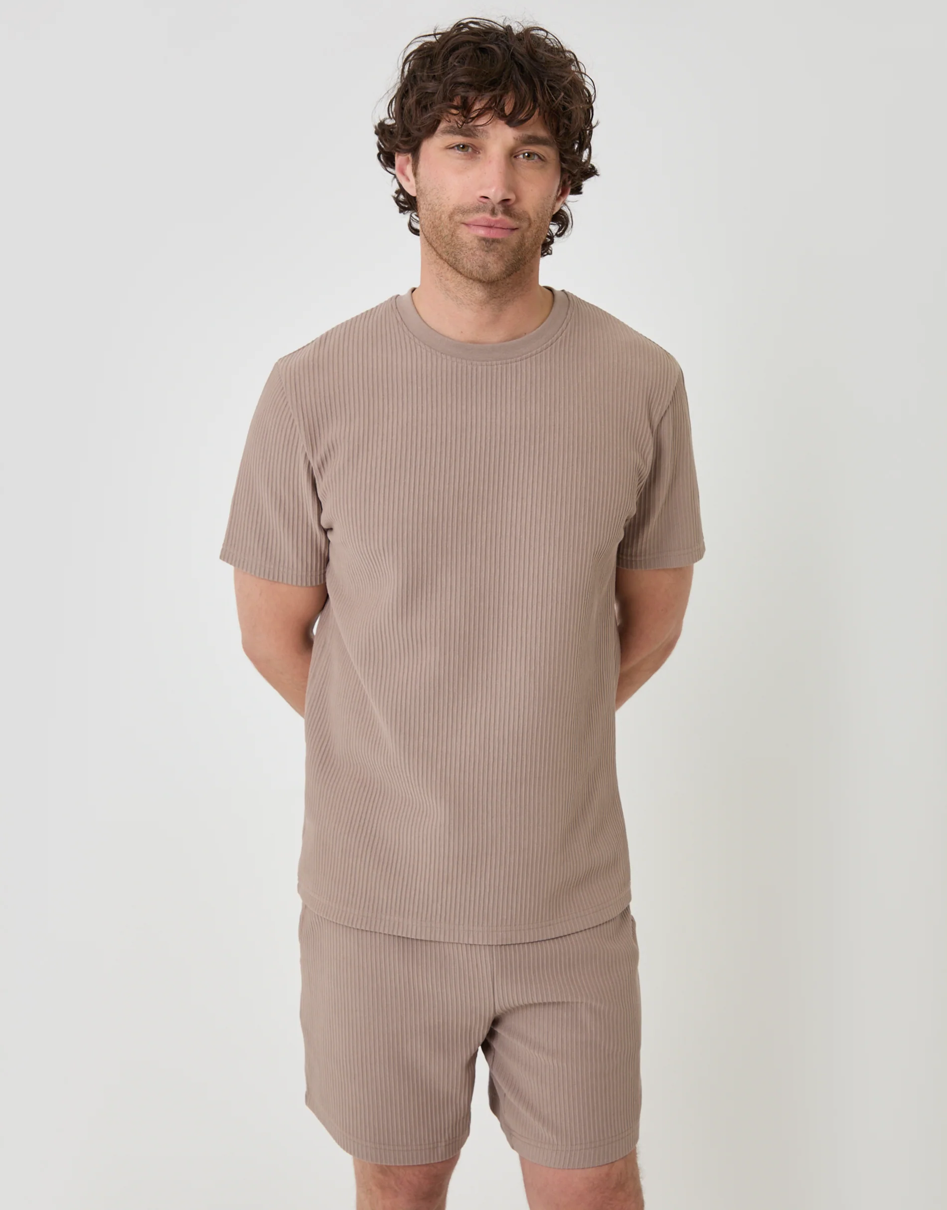 Textured Rib Cotton Crew Neck T-Shirt in Taupe