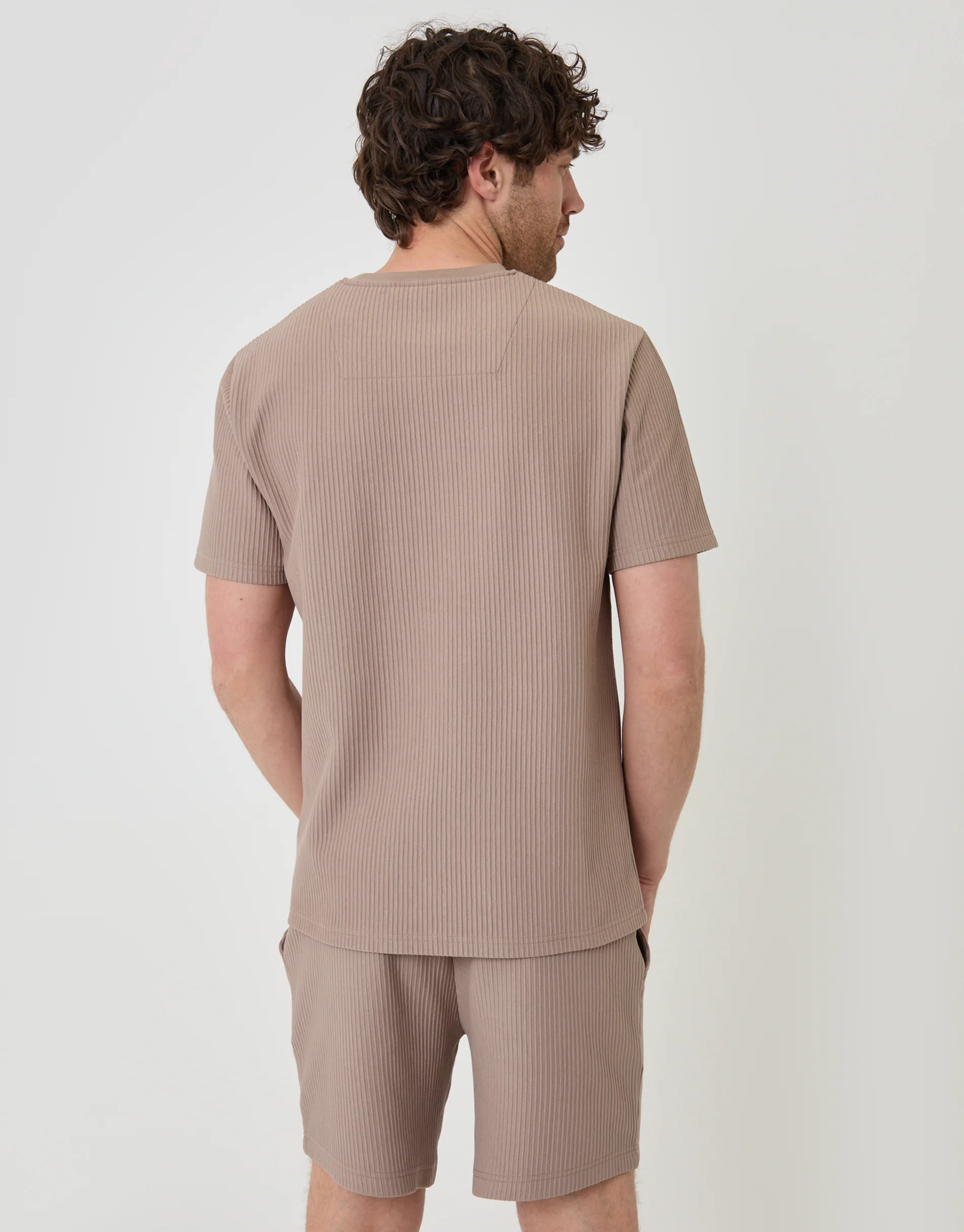 Textured Rib Cotton Crew Neck T-Shirt in Taupe - Image 2