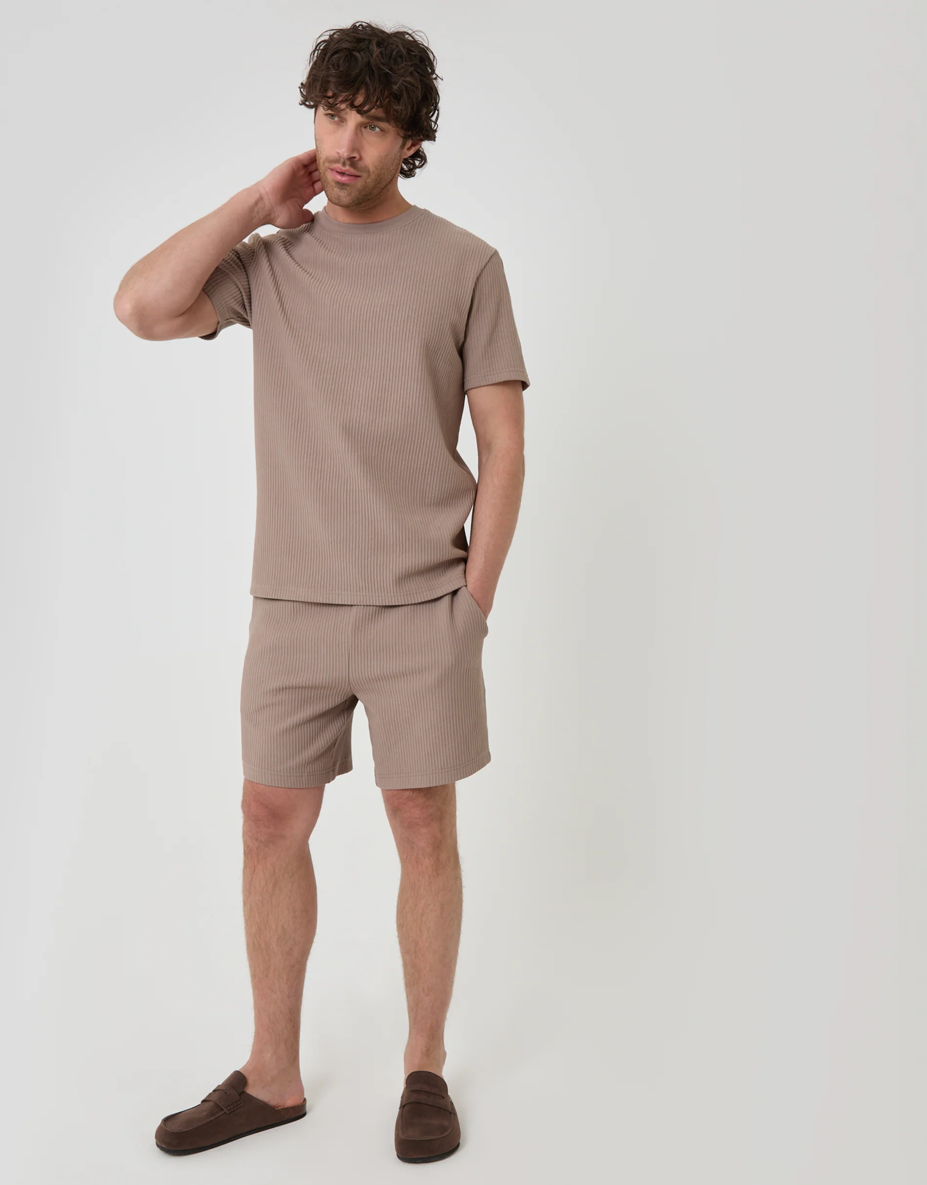 Textured Rib Cotton Crew Neck T-Shirt in Taupe - Image 3