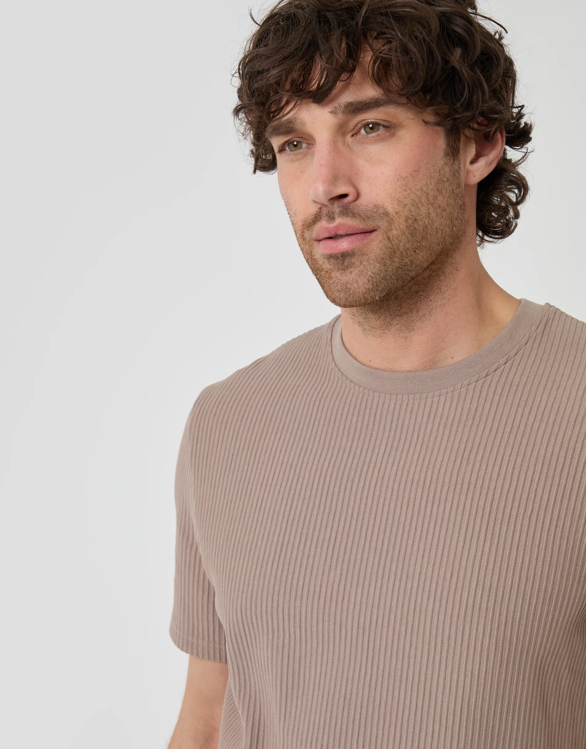 Textured Rib Cotton Crew Neck T-Shirt in Taupe - Image 4