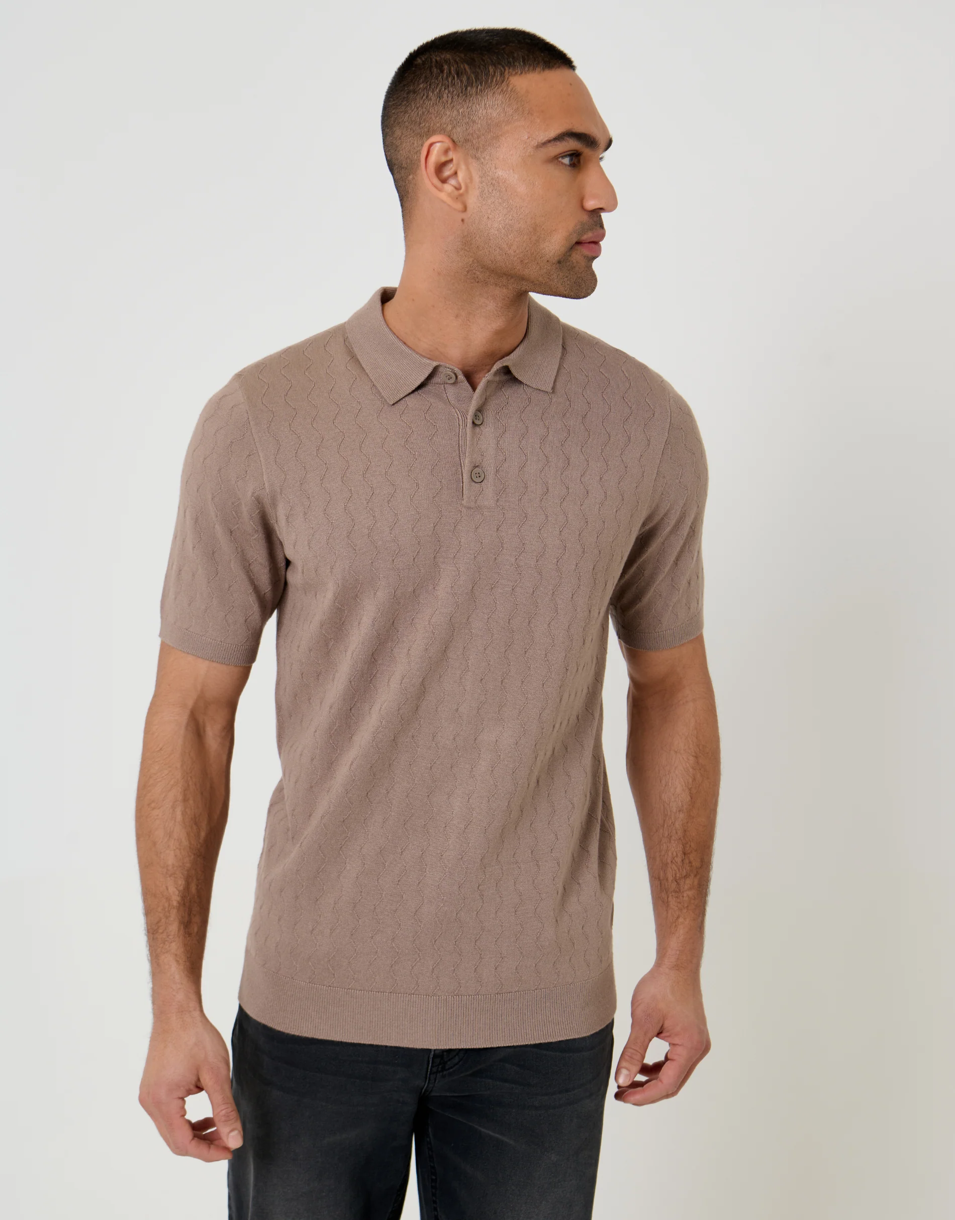 Zig Zag Stitch Knitted Polo in Taupe