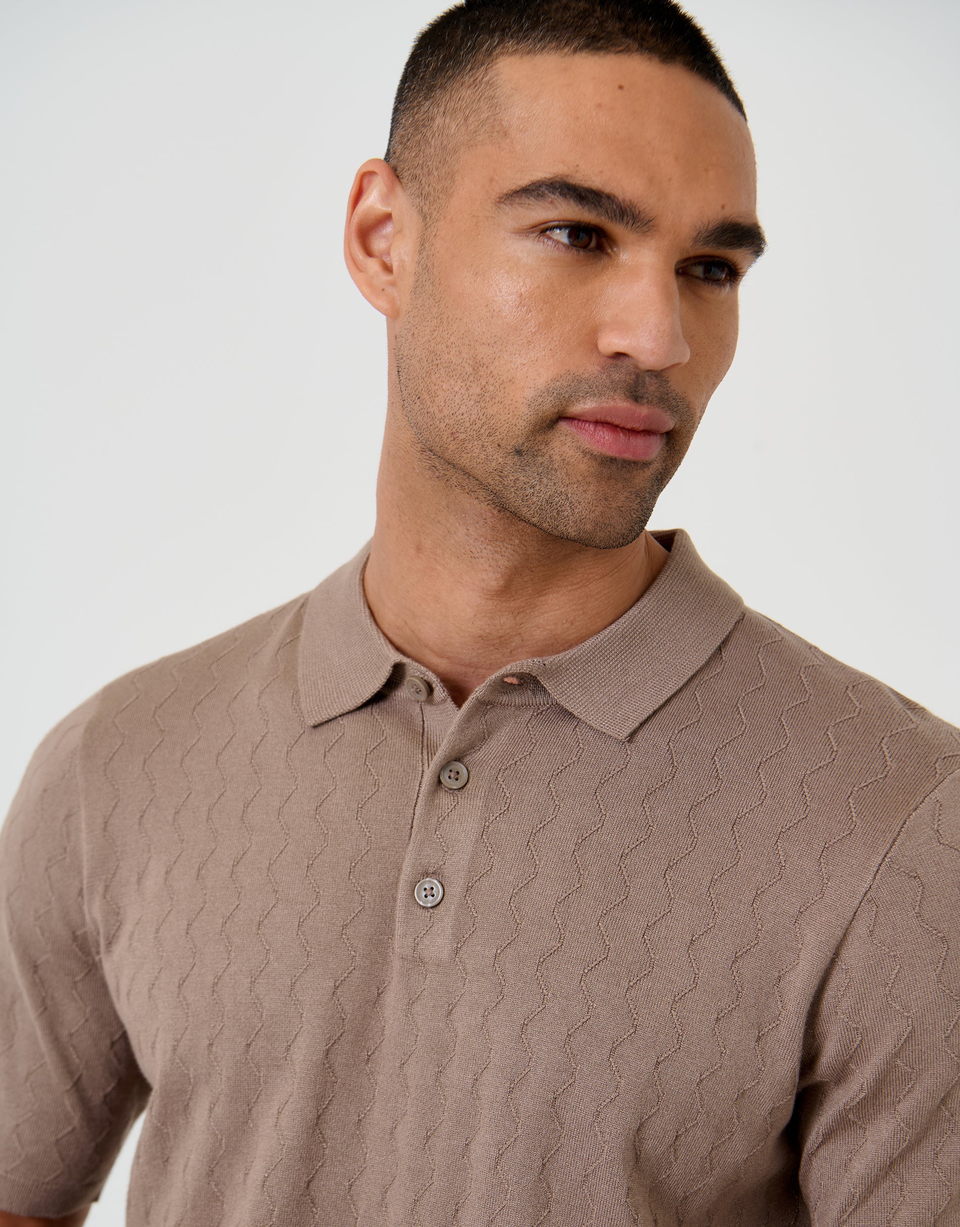 Zig Zag Stitch Knitted Polo in Taupe - Image 4