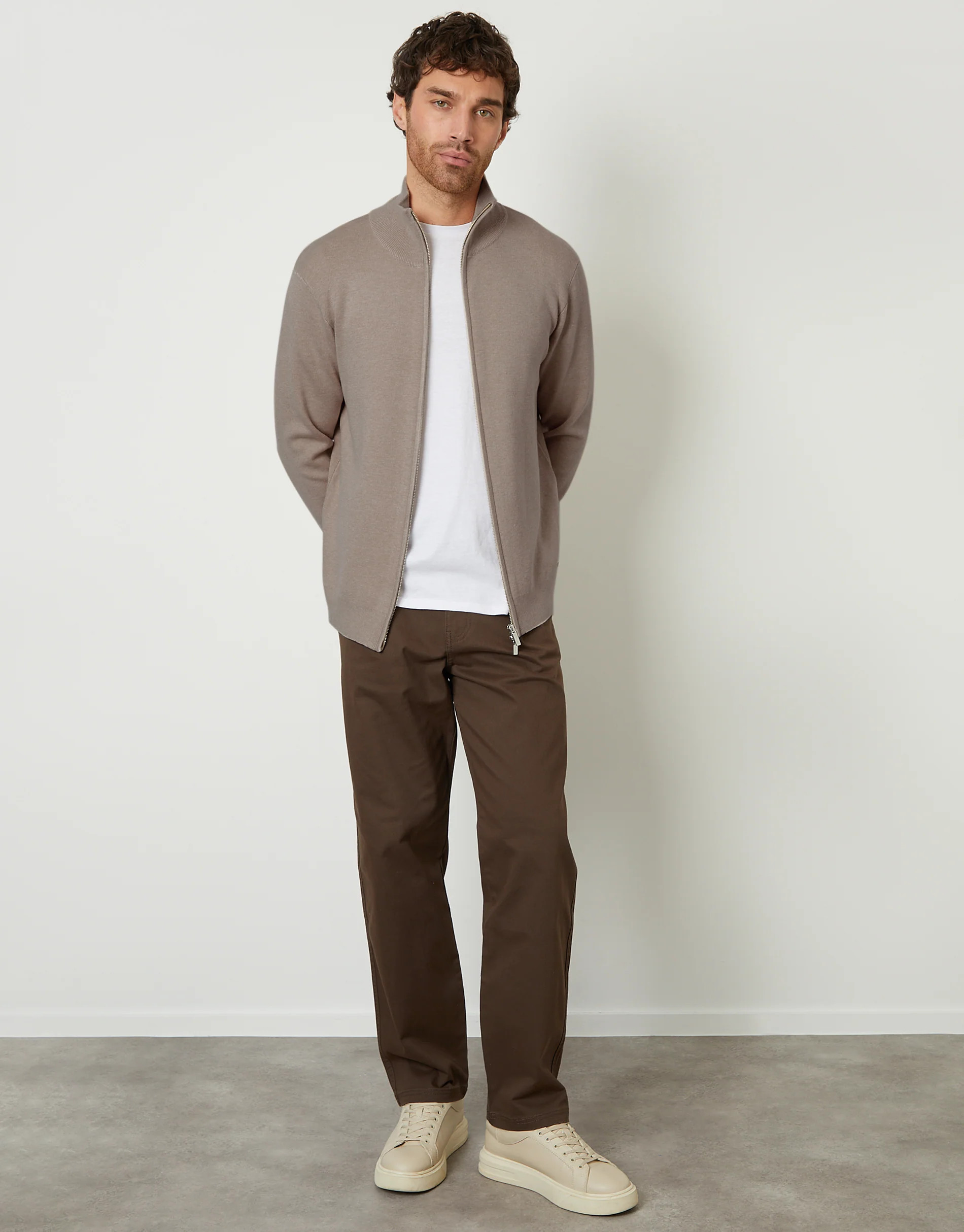 Zip-Through Funnel Neck Knitted Cardigan in Taupe - Image 3